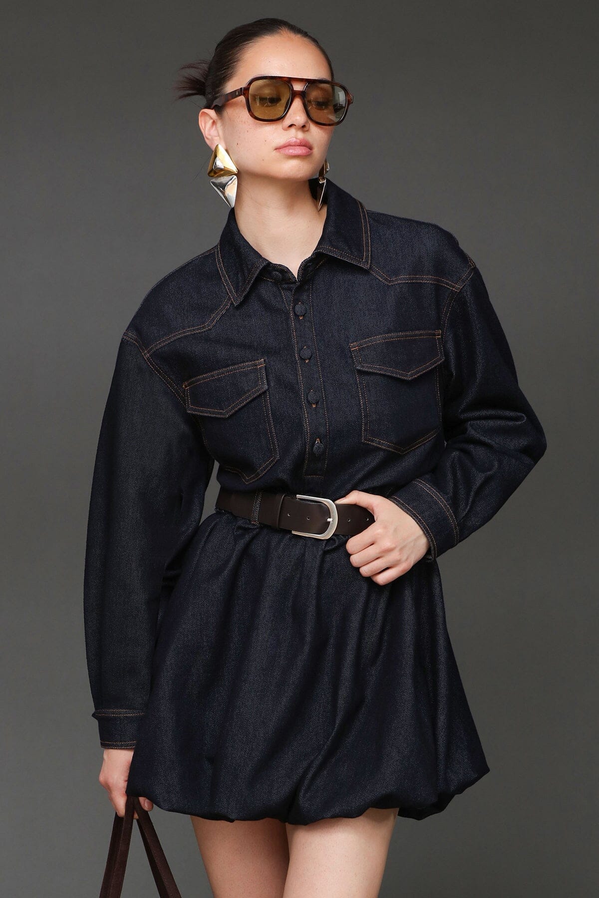 Cotton denim bubble hem dark blue shirtdress with drop shoulders and detachable faux leather belt - Cute women's shirt dresses by Avec Les Filles