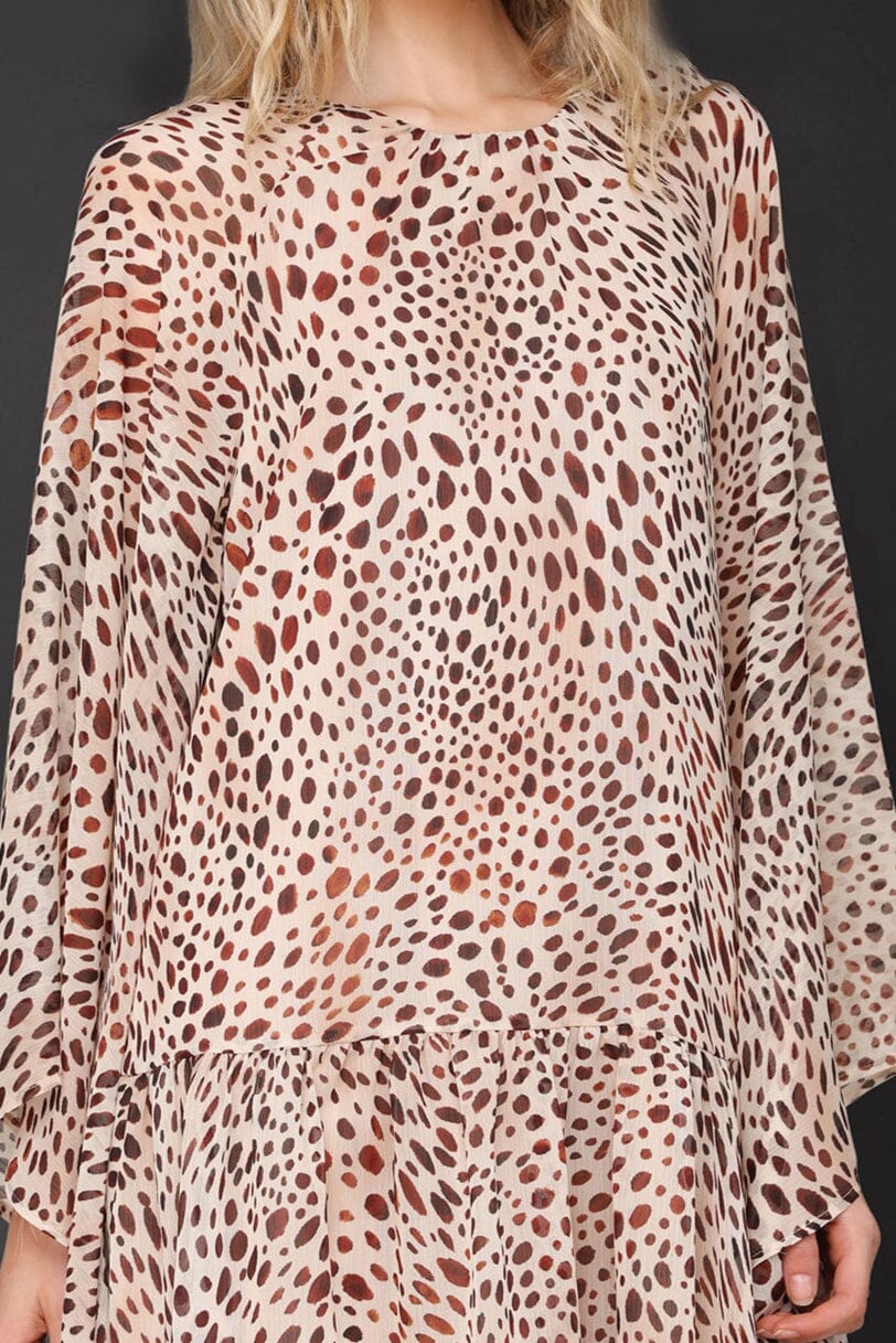 Cheetah print statement sleeve beige chiffon dress with button closure, wide crew neckline and keyhole - Cute women's dresses by Avec Les Filles