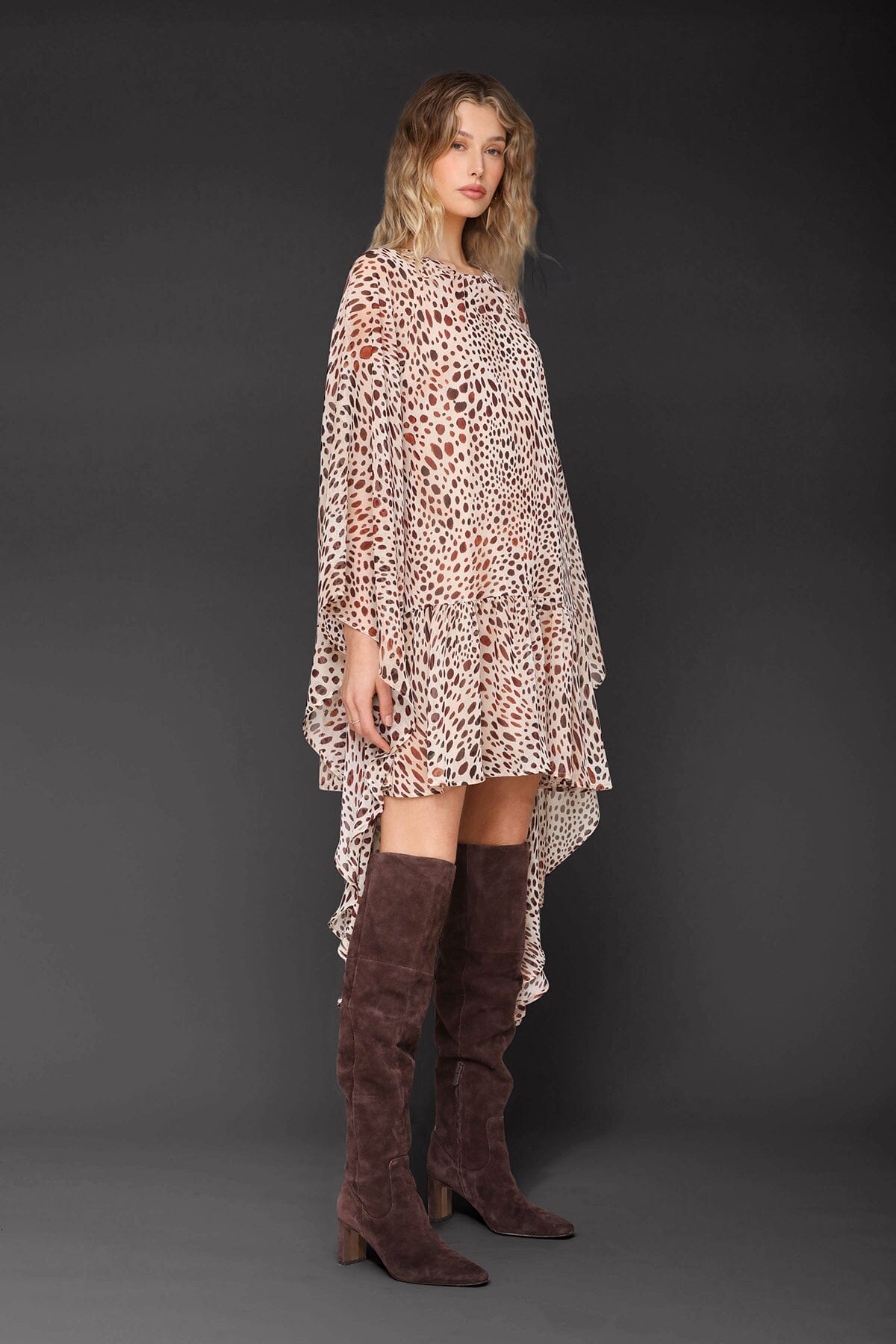 Cheetah print statement sleeve beige chiffon dress with button closure, wide crew neckline and keyhole - Cute women's dresses by Avec Les Filles