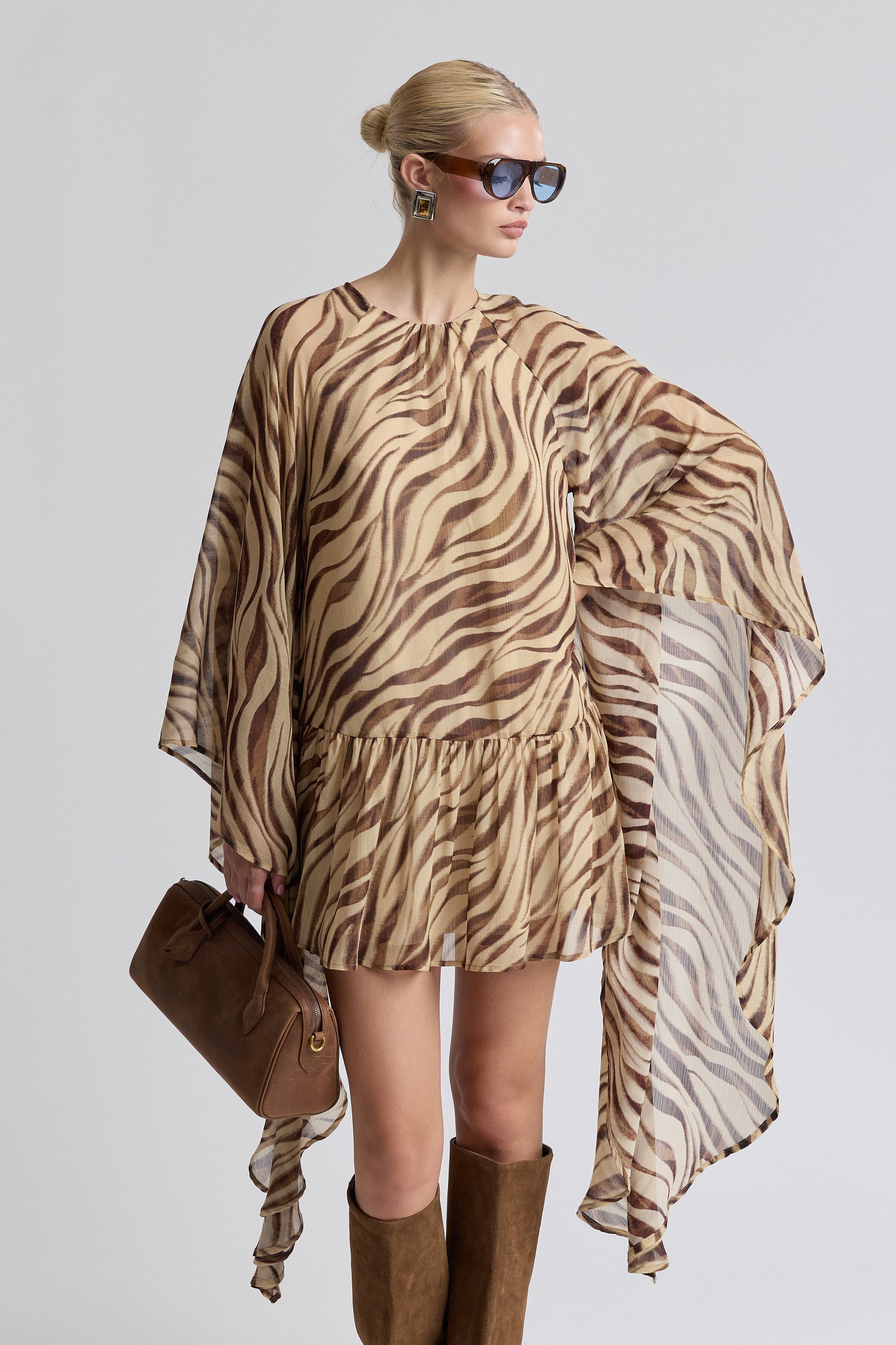 Crinkle georgette brown zebra print dress with raglan sleeves - Shop women's printed mini dresses by Avec Les Filles