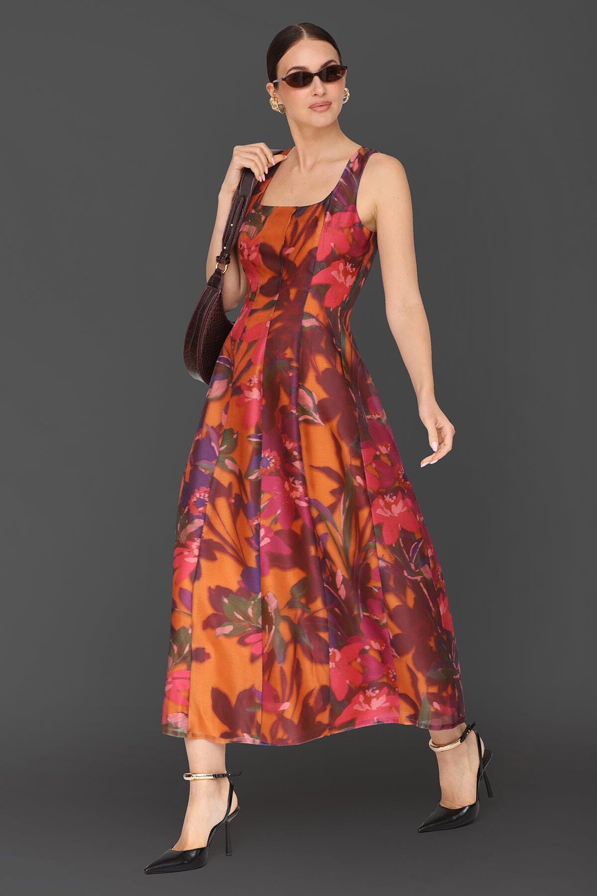 Fall floral fit & flare multicolor maxi dress with square neckline and sleeveless - Cute women's dresses by Avec Les Filles