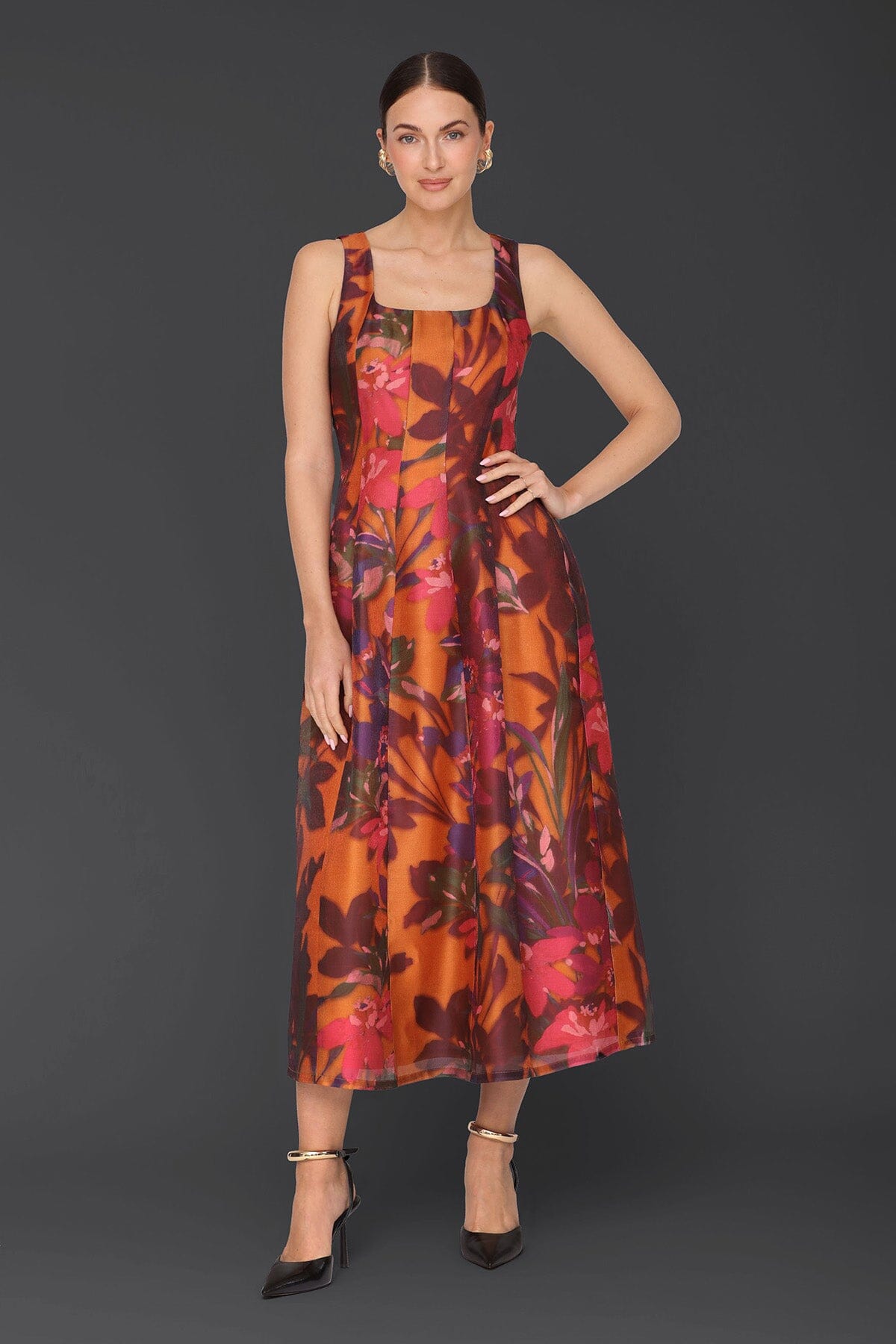 Fall floral fit & flare multicolor maxi dress with square neckline and sleeveless - Cute women's dresses by Avec Les Filles