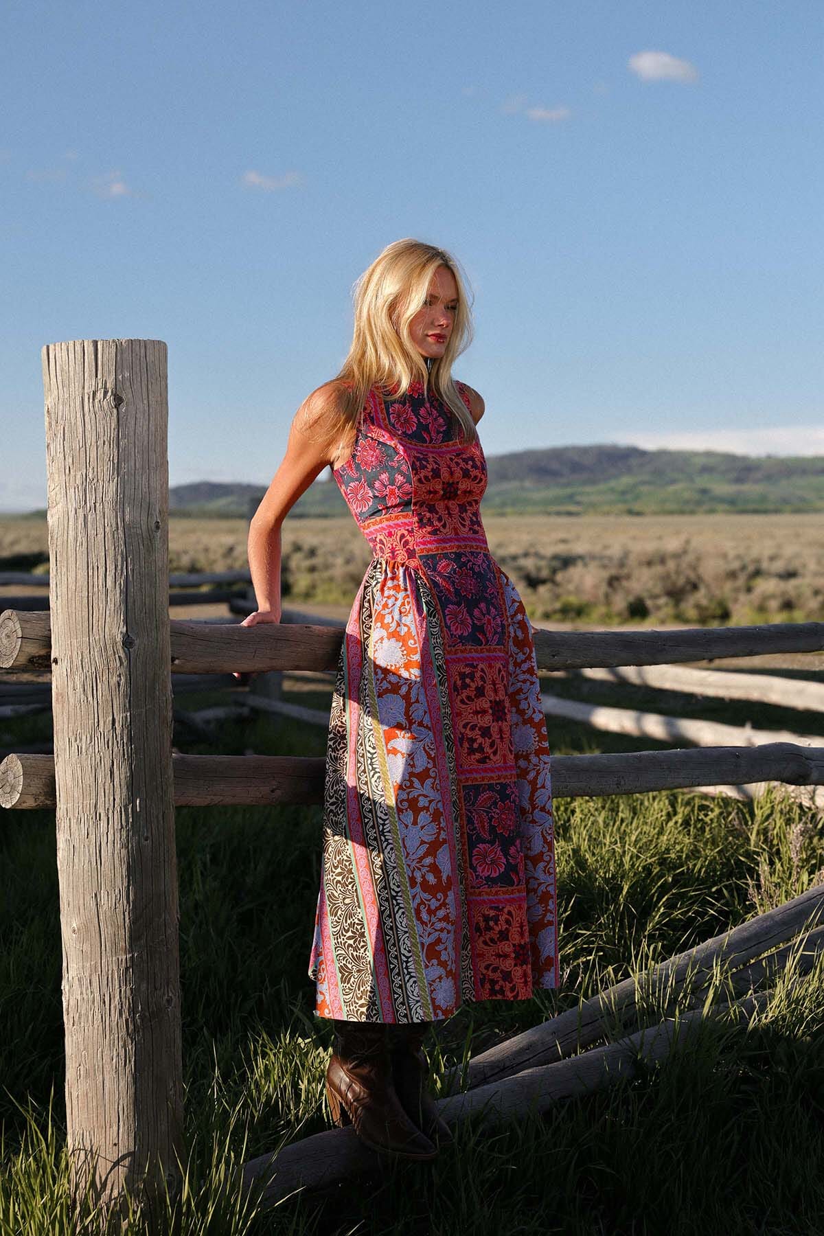 Patchwork scarf printed multicolor cotton midi dress with fitted bodice and sleeveless wide straps - Cute women's midi dresses by Avec Les Filles