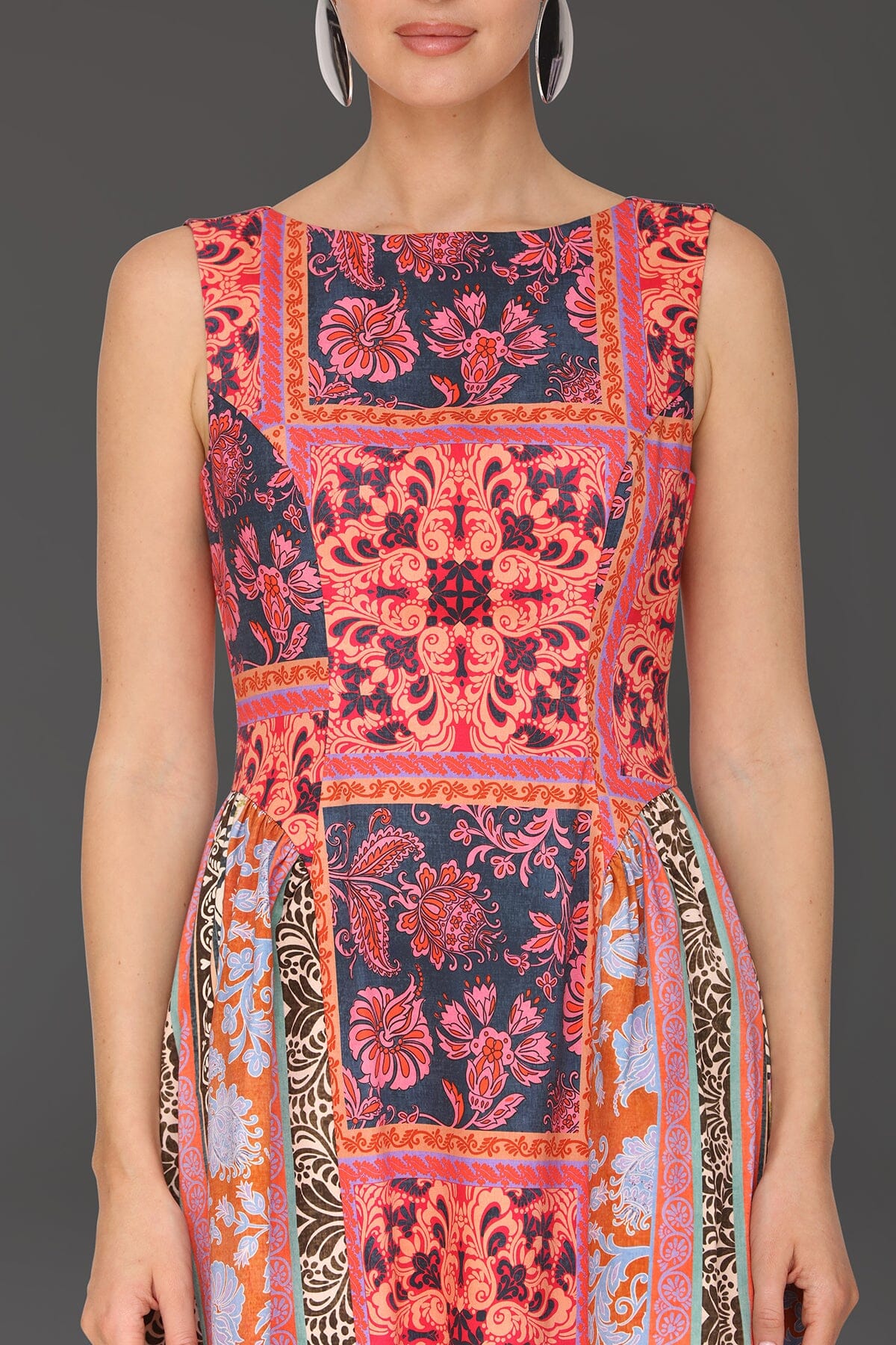 Patchwork scarf printed multicolor cotton midi dress with fitted bodice and sleeveless wide straps - Cute women's midi dresses by Avec Les Filles