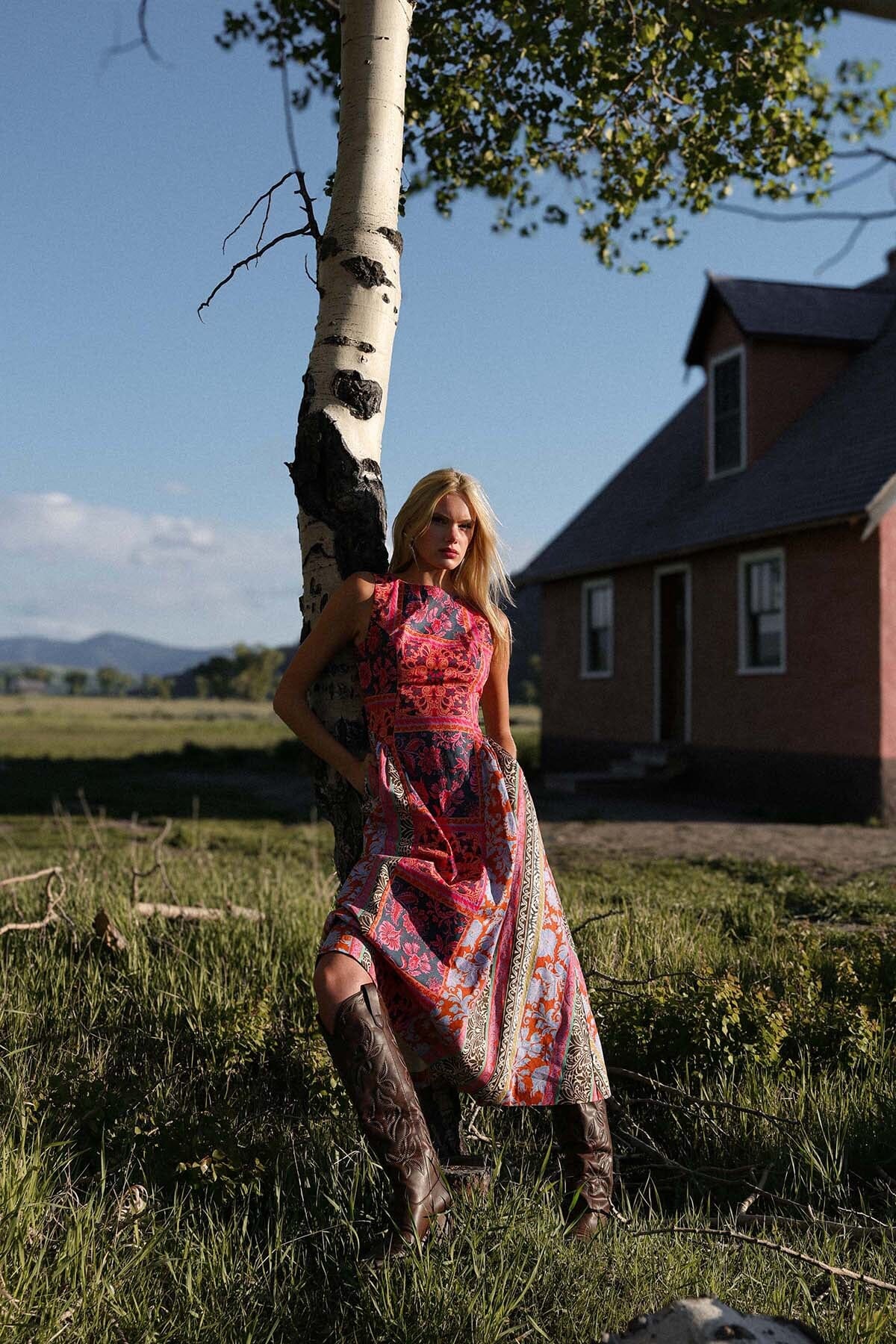 Patchwork scarf printed multicolor cotton midi dress with fitted bodice and sleeveless wide straps - Cute women's midi dresses by Avec Les Filles