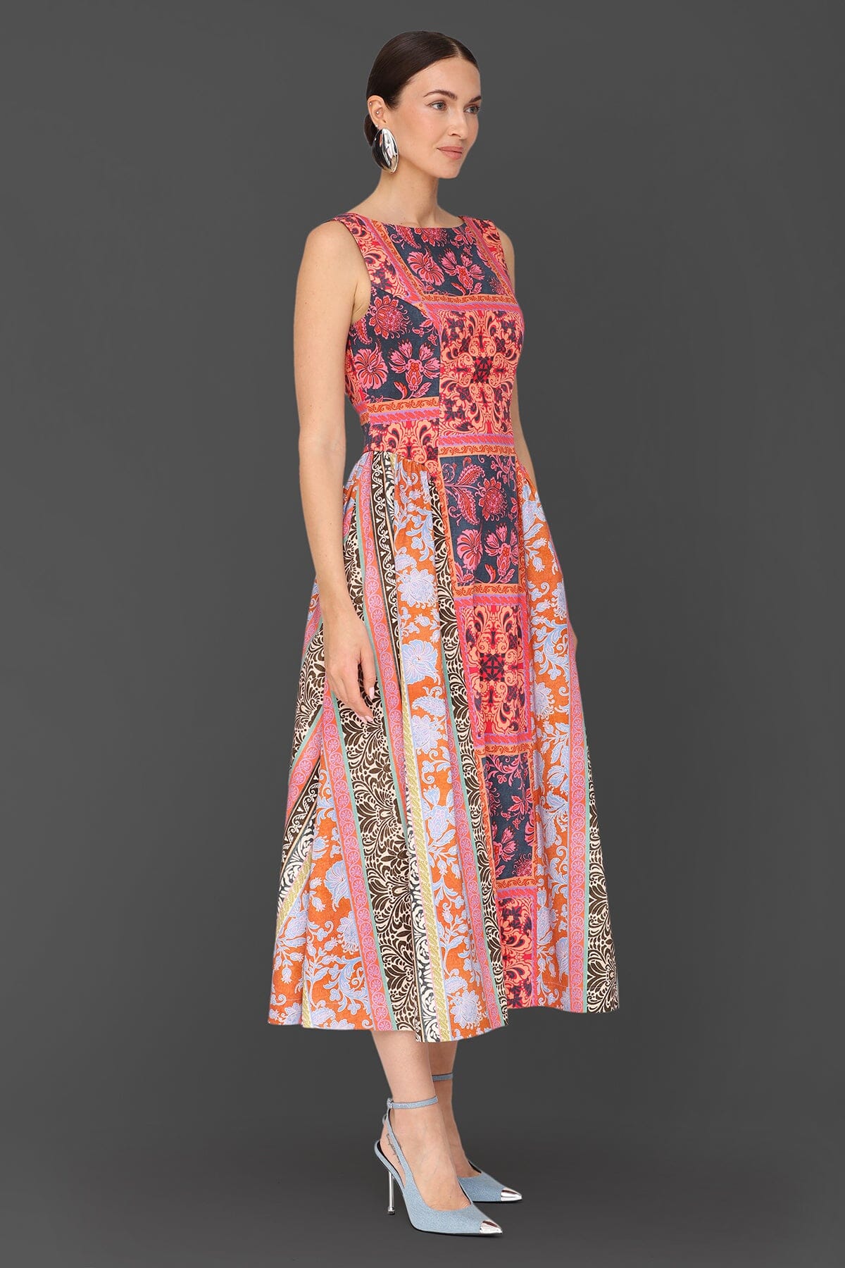 Patchwork scarf printed multicolor cotton midi dress with fitted bodice and sleeveless wide straps - Cute women's midi dresses by Avec Les Filles
