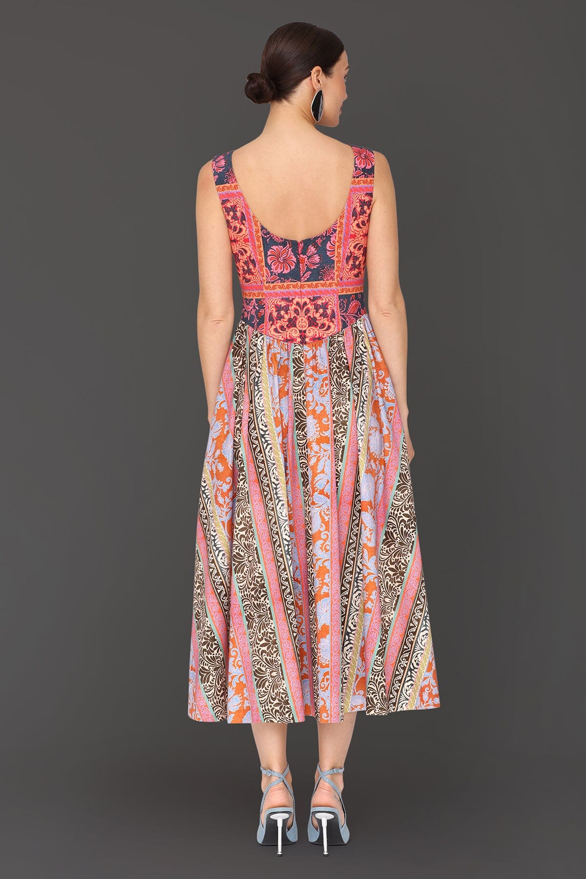 Patchwork scarf printed multicolor cotton midi dress with fitted bodice and sleeveless wide straps - Cute women's midi dresses by Avec Les Filles