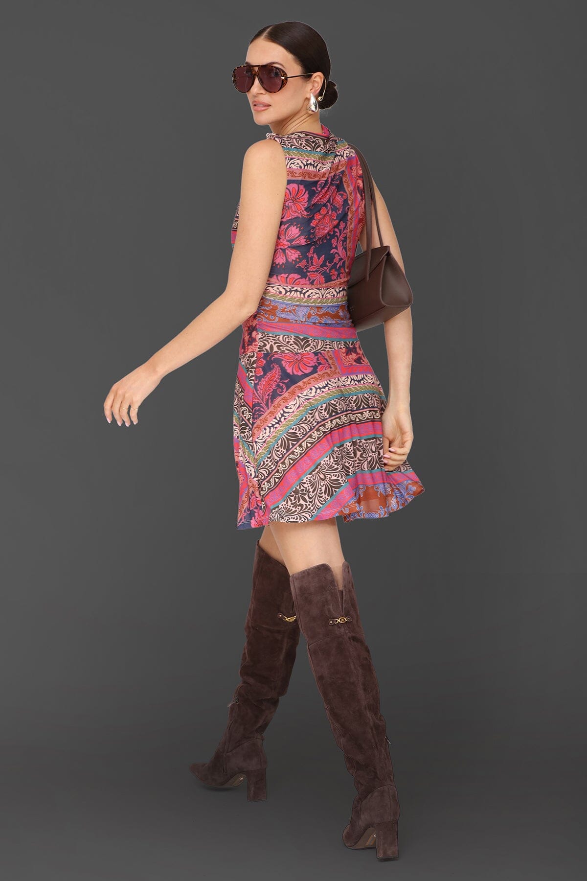 Scarf print drop-waist multicolor flared mini dress with sleeveless and asymmetric draped neckline - Cute women's mini dresses by Avec Les Filles