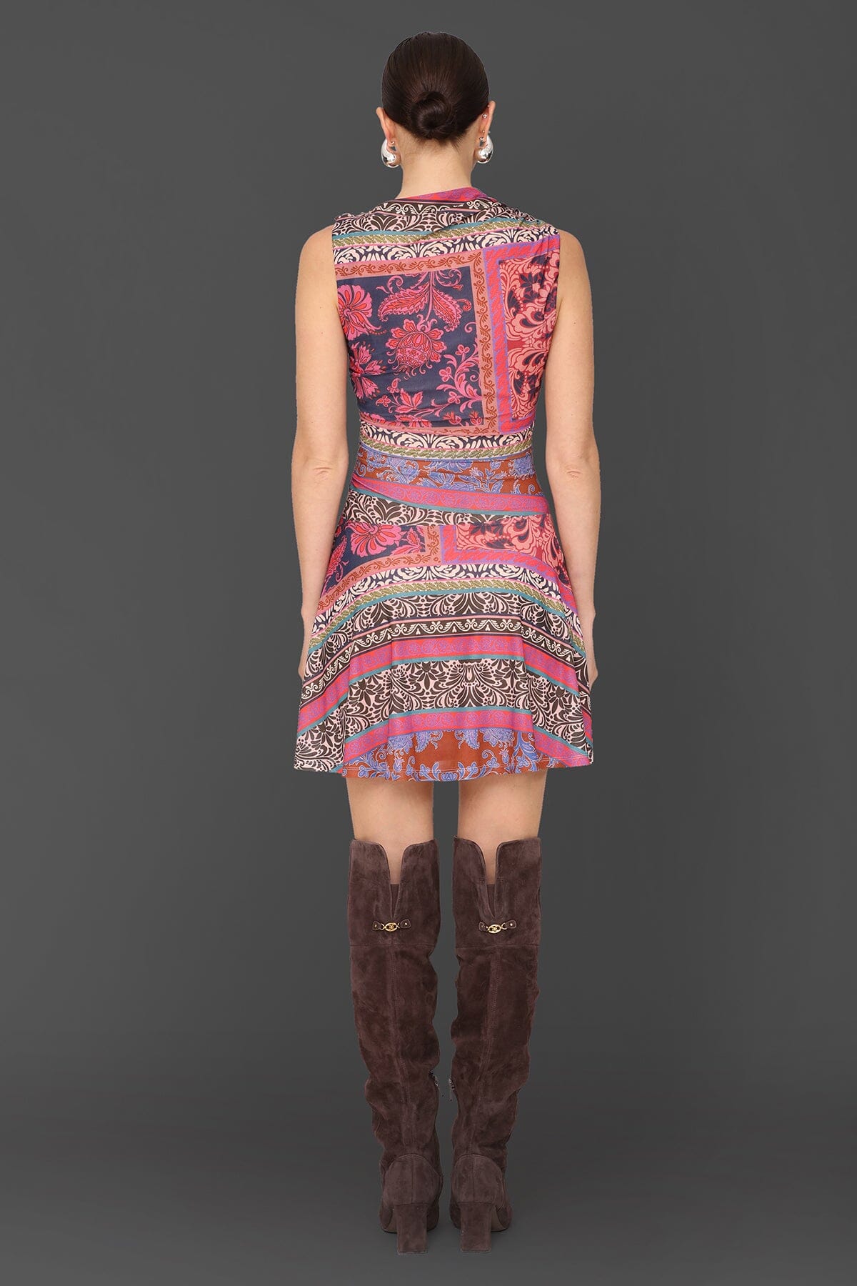 Scarf print drop-waist multicolor flared mini dress with sleeveless and asymmetric draped neckline - Cute women's mini dresses by Avec Les Filles
