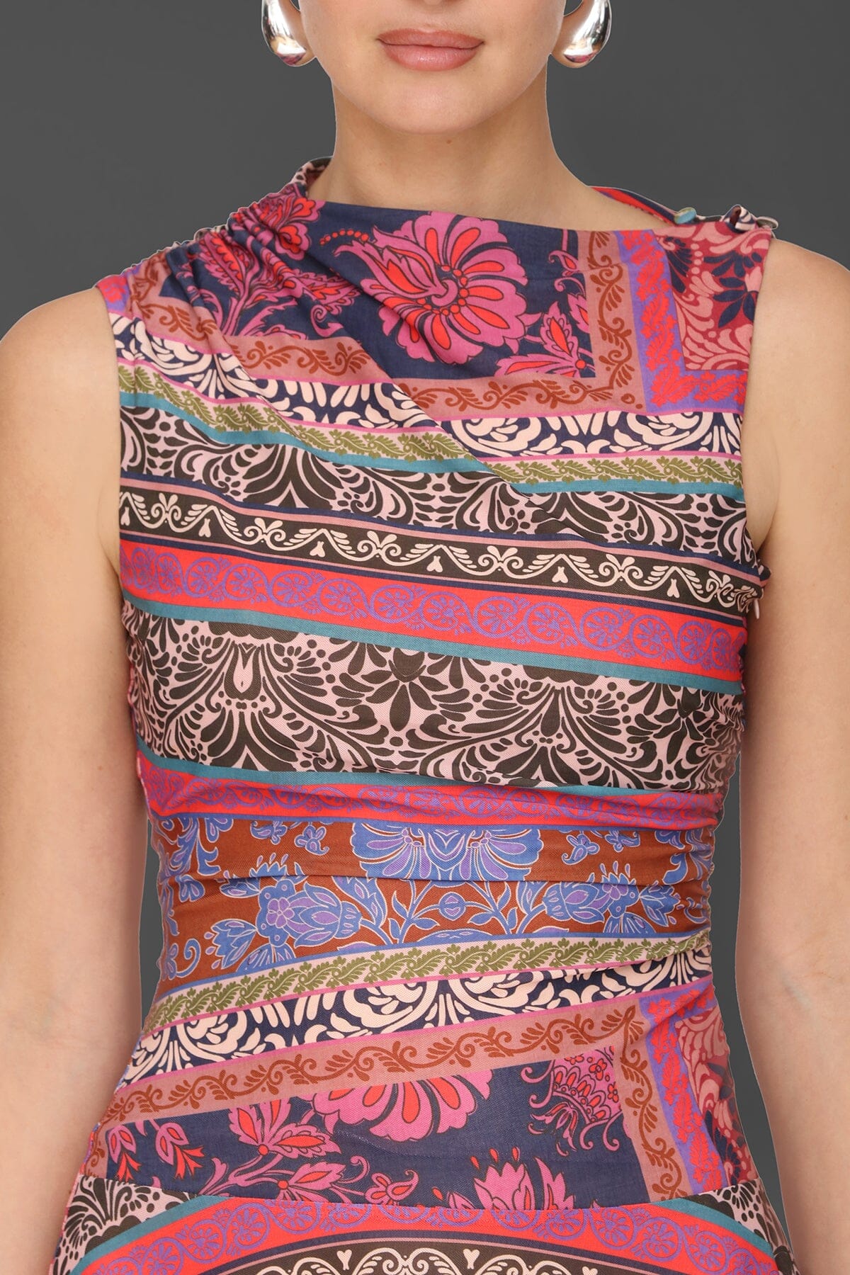 Scarf print drop-waist multicolor flared mini dress with sleeveless and asymmetric draped neckline - Cute women's mini dresses by Avec Les Filles