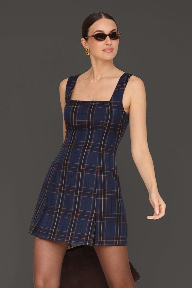 Blue plaid tailored pleated mini dress with wide tank straps and square neckline - Cute women's mini dresses by Avec Les Filles
