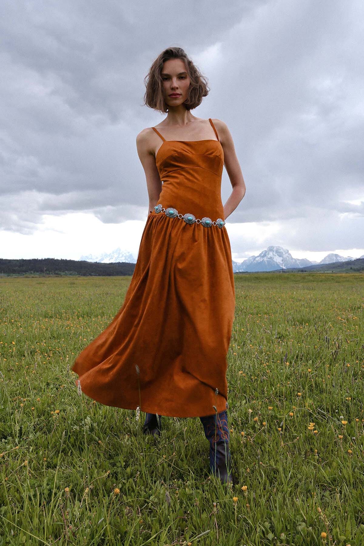 Belted faux suede drop-waist camel maxi dress with detachable chain belt and adjustable spaghetti straps - Cute women's maxi dresses by Avec Les Filles
