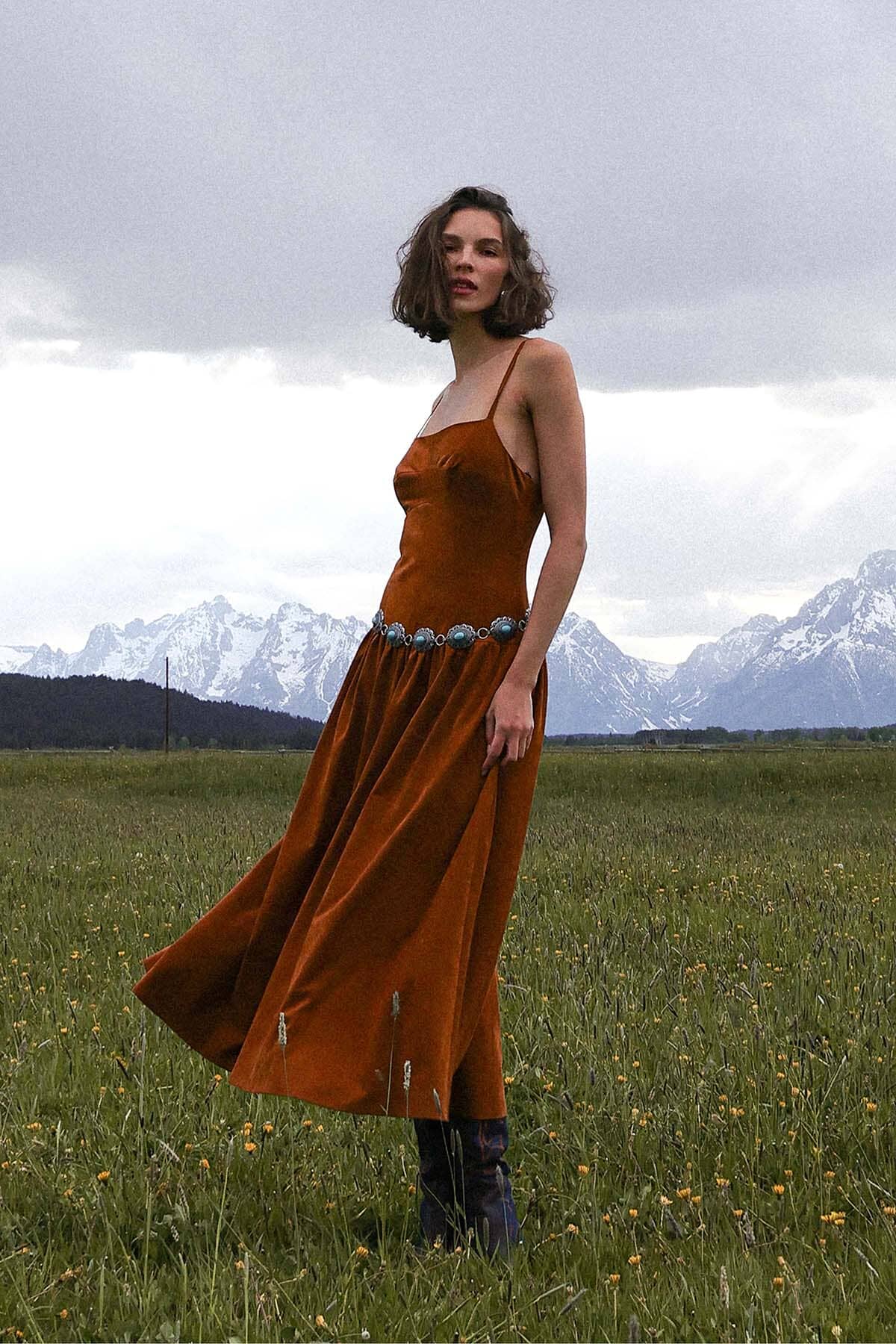 Belted faux suede drop-waist camel maxi dress with detachable chain belt and adjustable spaghetti straps - Cute women's maxi dresses by Avec Les Filles