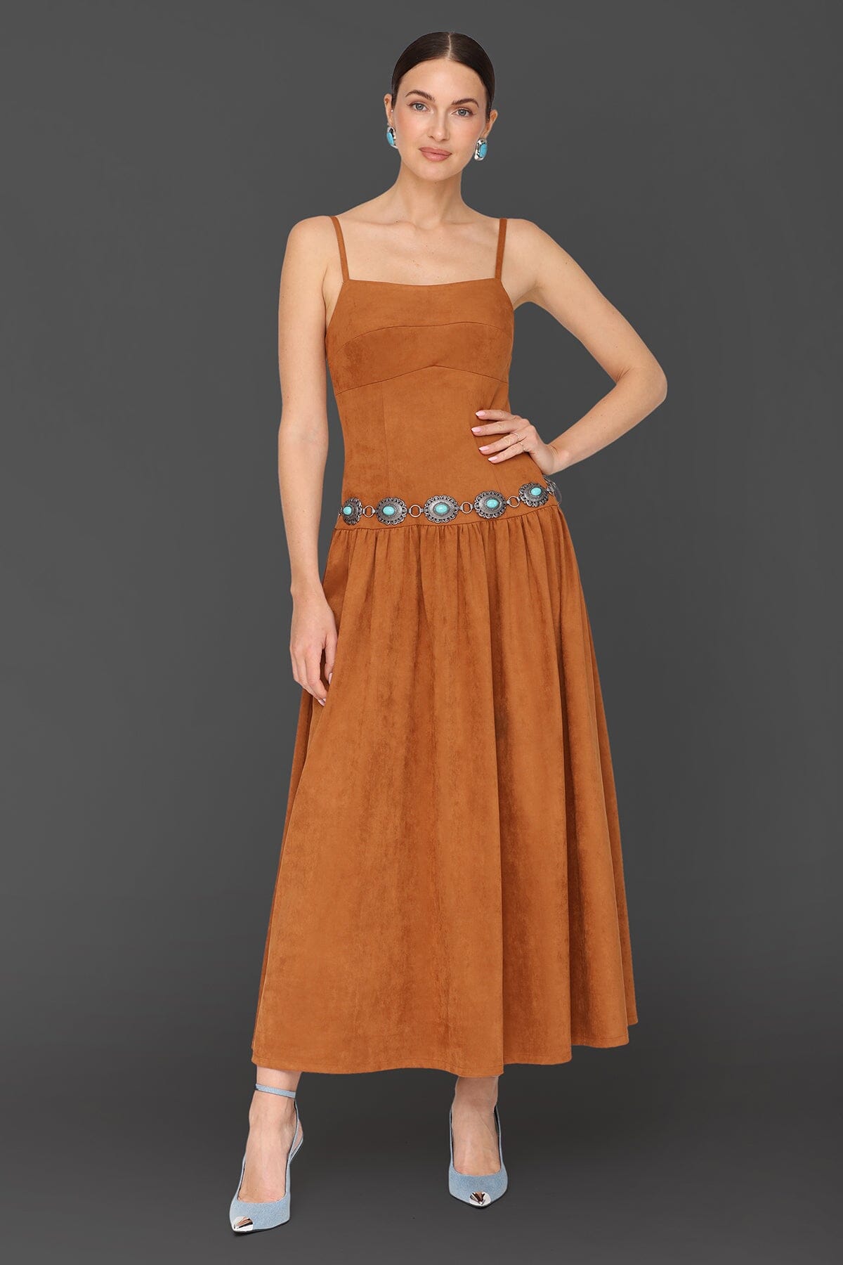 Belted faux suede drop-waist camel maxi dress with detachable chain belt and adjustable spaghetti straps - Cute women's maxi dresses by Avec Les Filles