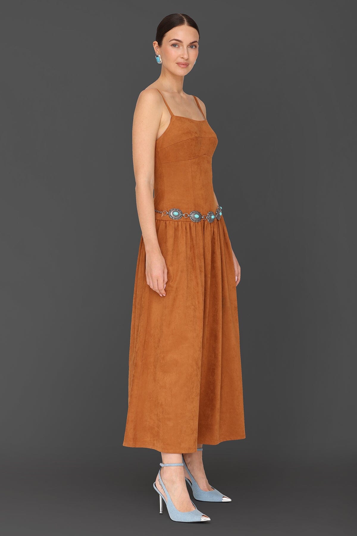 Belted faux suede drop-waist camel maxi dress with detachable chain belt and adjustable spaghetti straps - Cute women's maxi dresses by Avec Les Filles