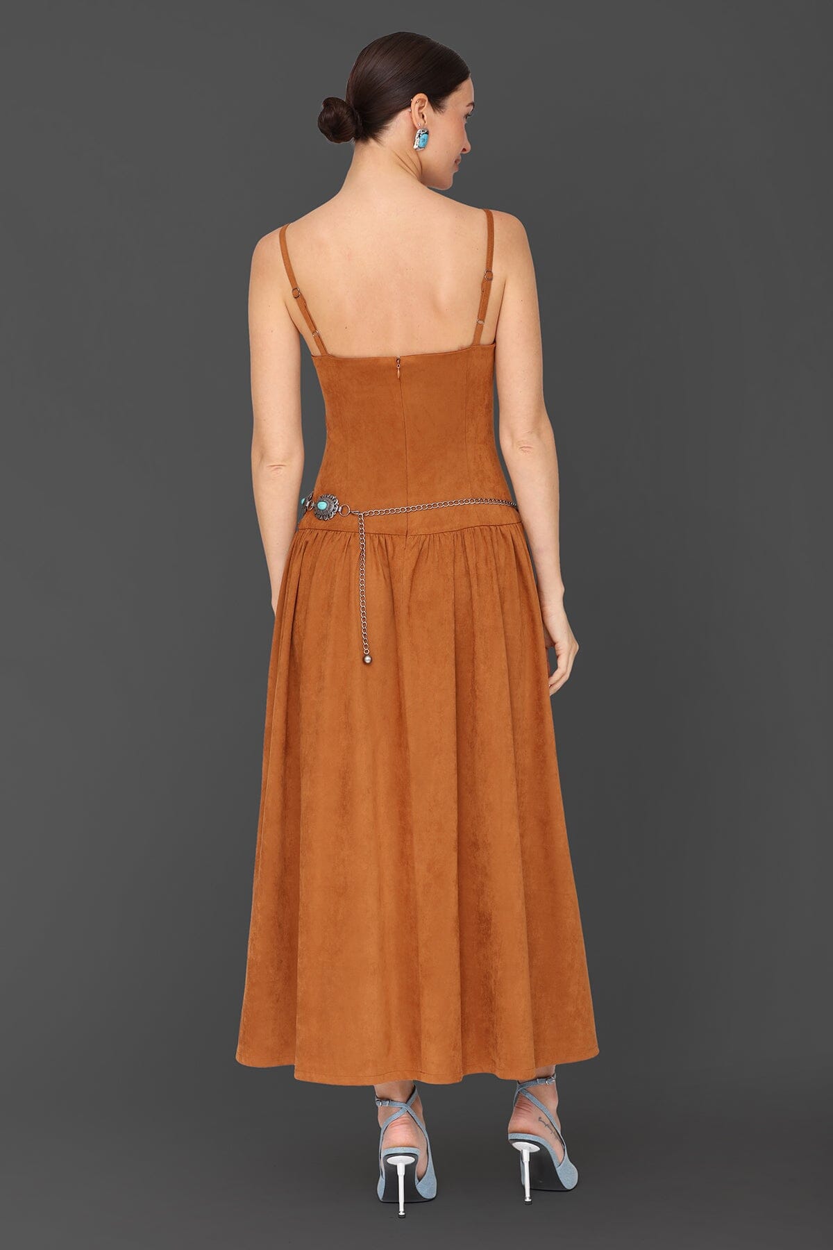 Belted faux suede drop-waist camel maxi dress with detachable chain belt and adjustable spaghetti straps - Cute women's maxi dresses by Avec Les Filles