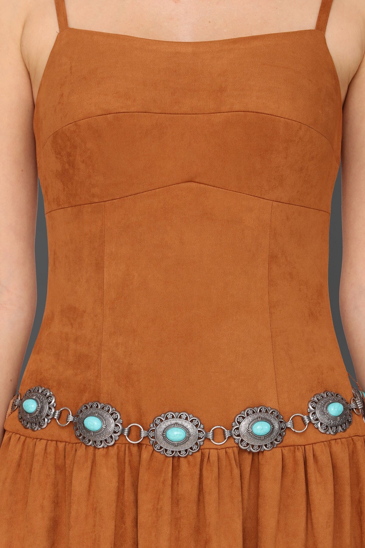 Belted faux suede drop-waist camel maxi dress with detachable chain belt and adjustable spaghetti straps - Cute women's maxi dresses by Avec Les Filles