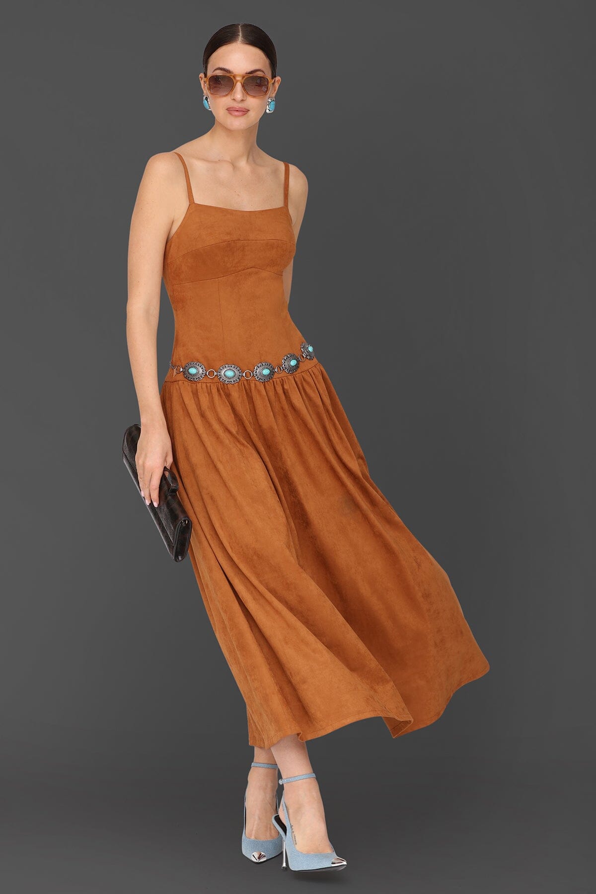 Belted faux suede drop-waist camel maxi dress with detachable chain belt and adjustable spaghetti straps - Cute women's maxi dresses by Avec Les Filles