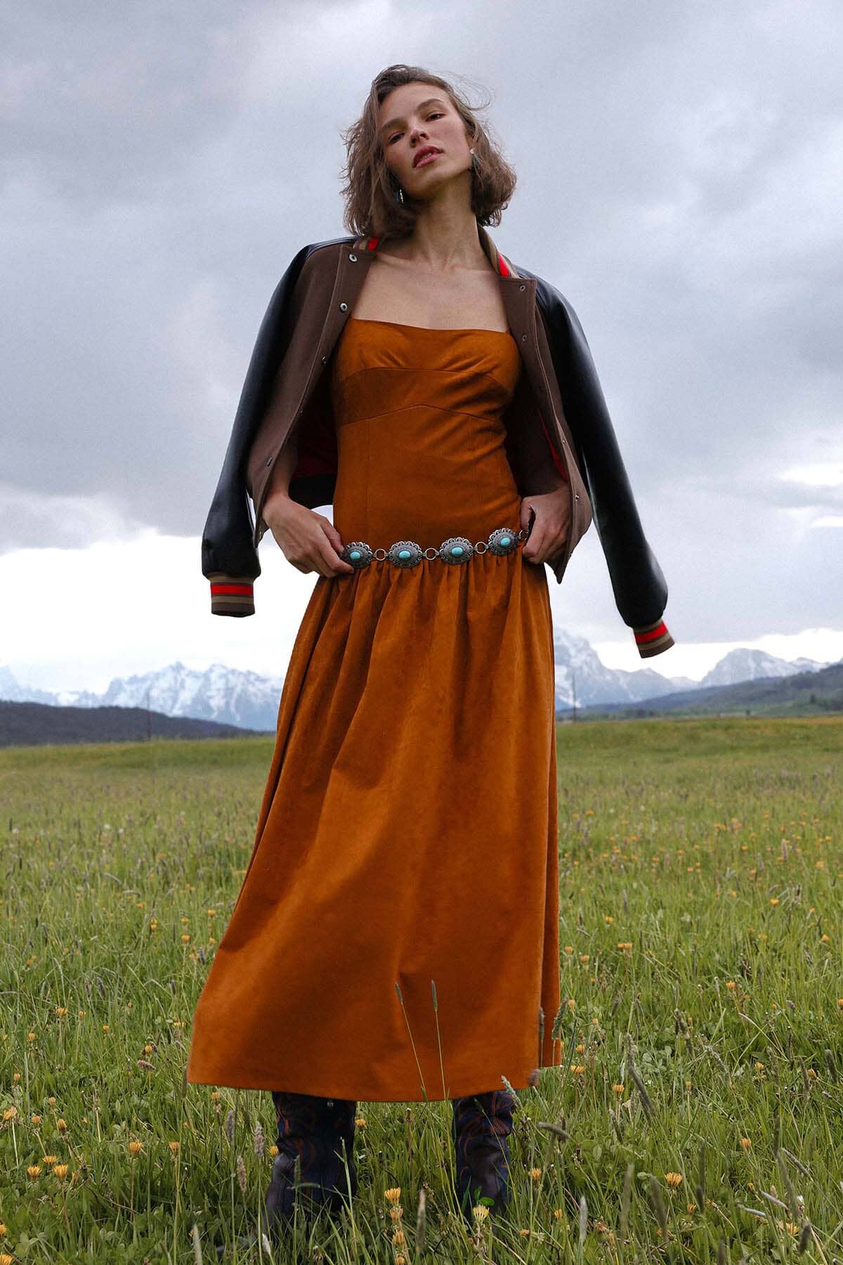 Belted faux suede drop-waist camel maxi dress with detachable chain belt and adjustable spaghetti straps - Cute women's maxi dresses by Avec Les Filles