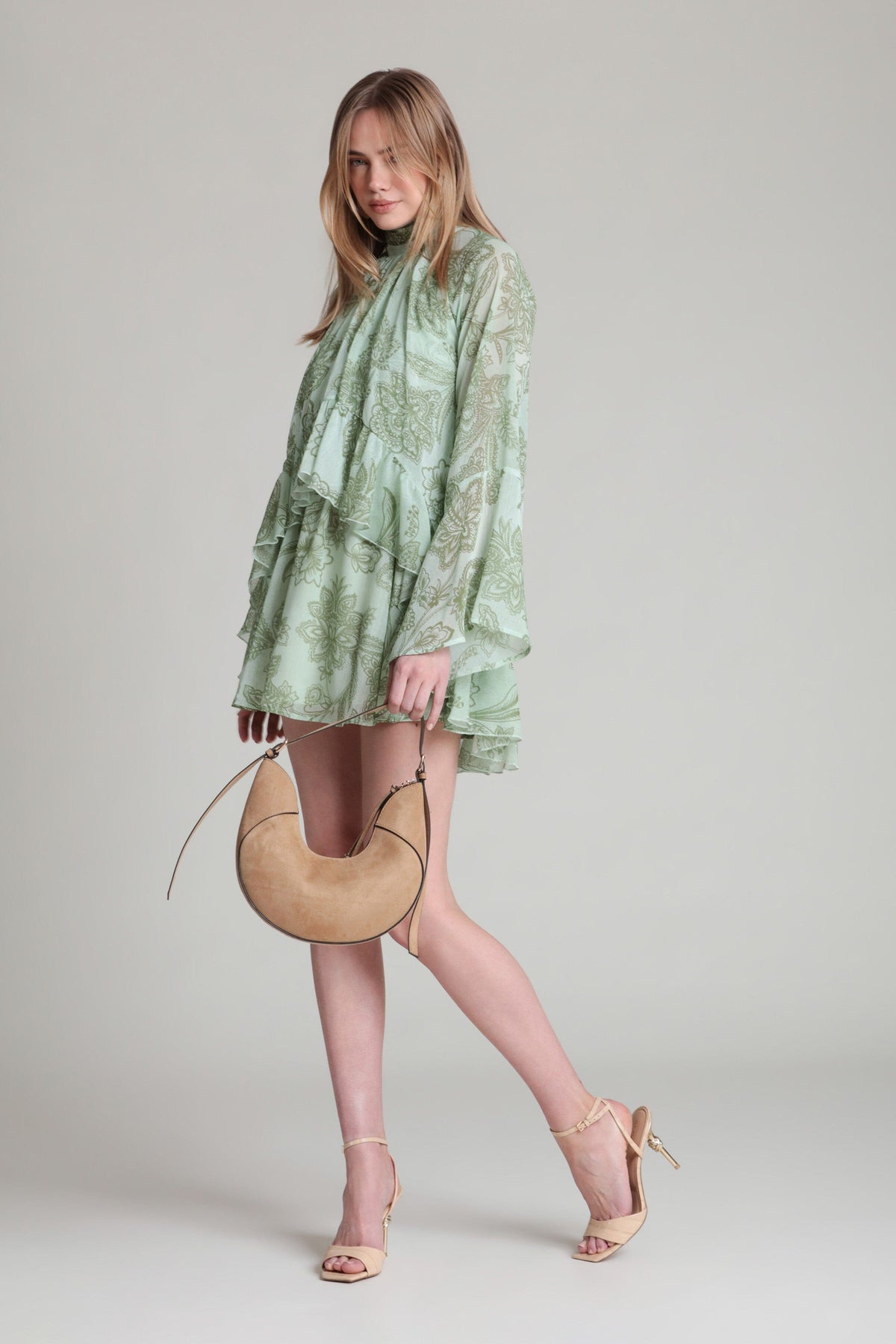 Printed green ruffle crinkle dress with raglan shoulders - Shop women's cute mini dresses by Avec Les Filles.