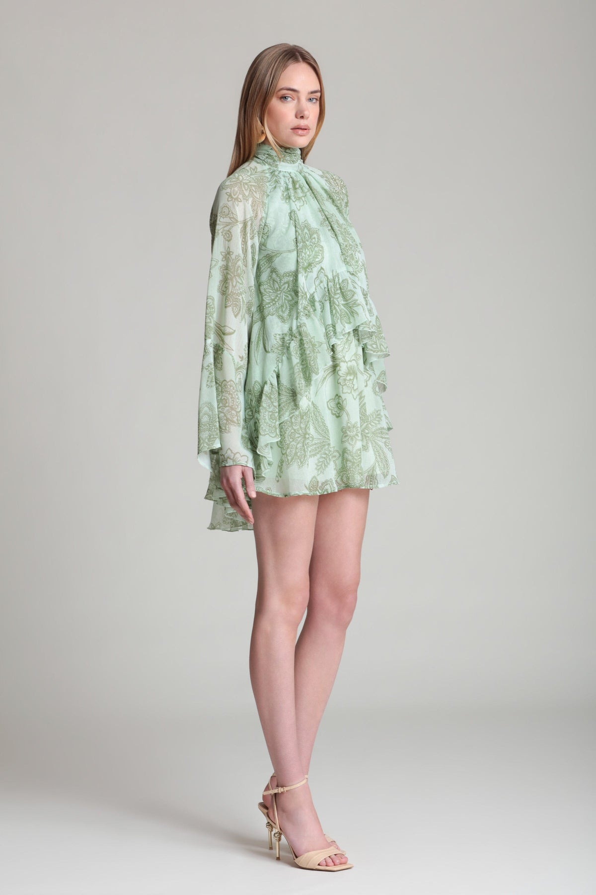 Green ruffled long sleeve dress with high-neck tie collar - Shop women's mini dresses by Avec Les Filles.