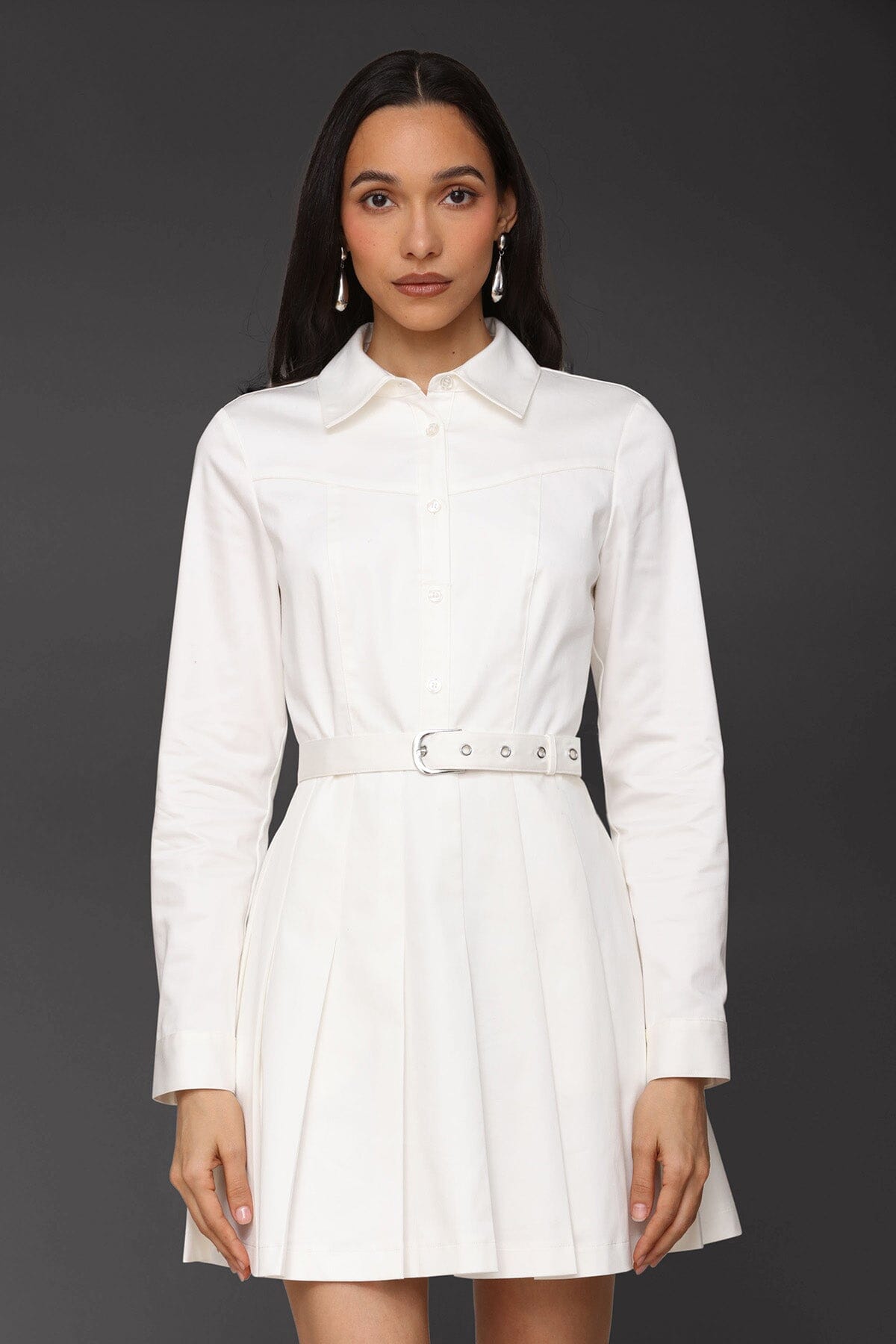 Belted cotton-blend pleated white shirtdress with long sleeves, removable belt, and button-front - Cute women's shirt dresses by Avec Les Filles