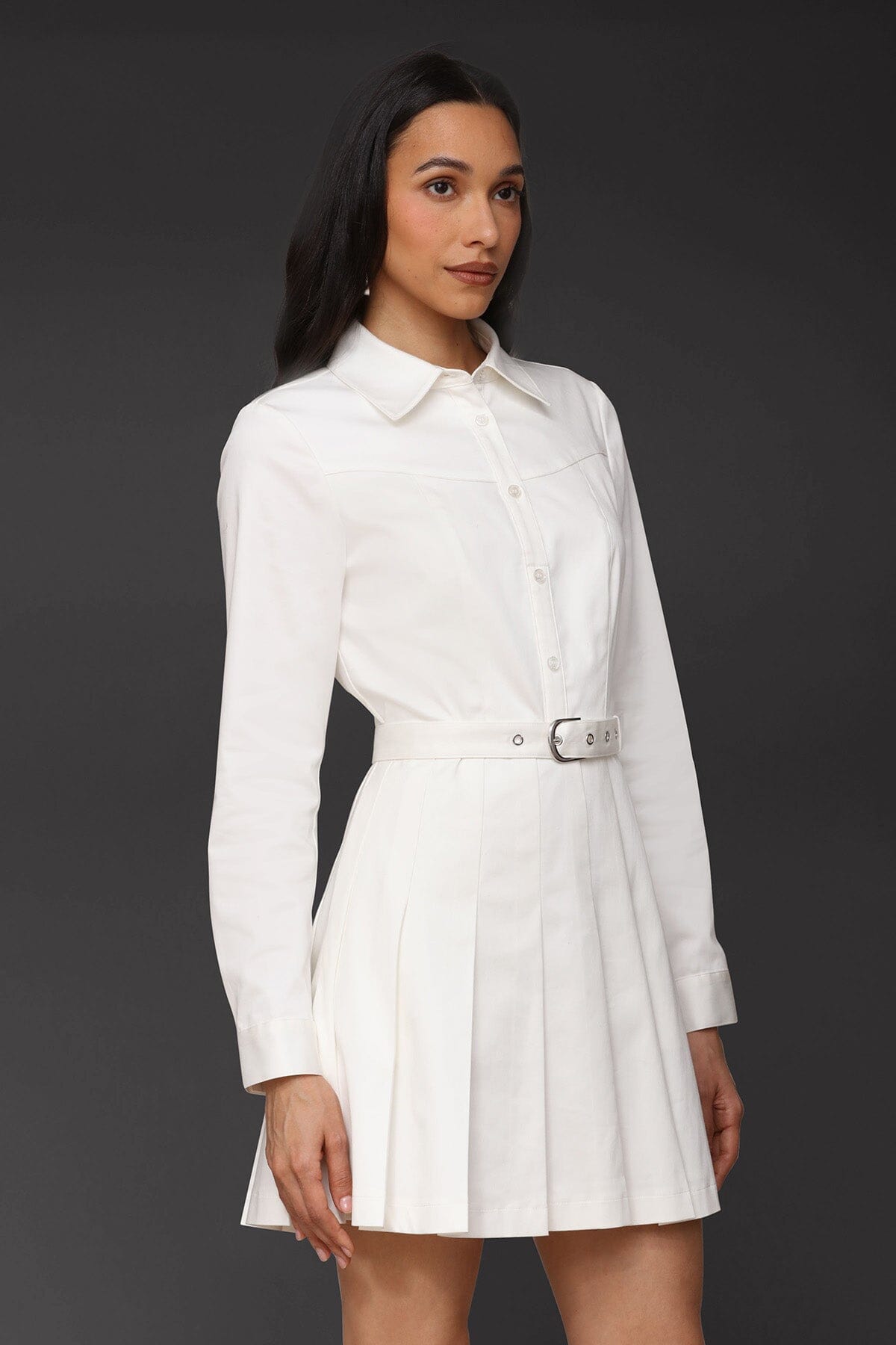 Belted cotton-blend pleated white shirtdress with long sleeves, removable belt, and button-front - Cute women's shirt dresses by Avec Les Filles