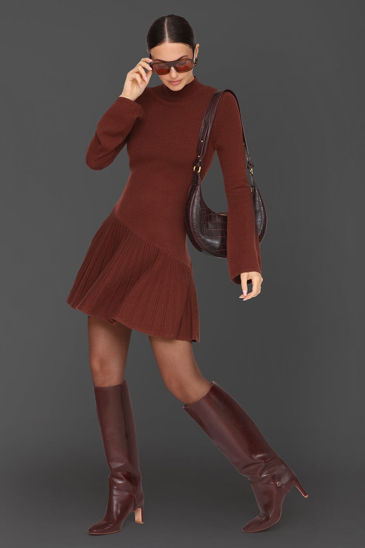Asymmetric hem rust flared mini sweater dress with mock neckline and long flared sleeves - Cute women's mini dresses by Avec Les Filles