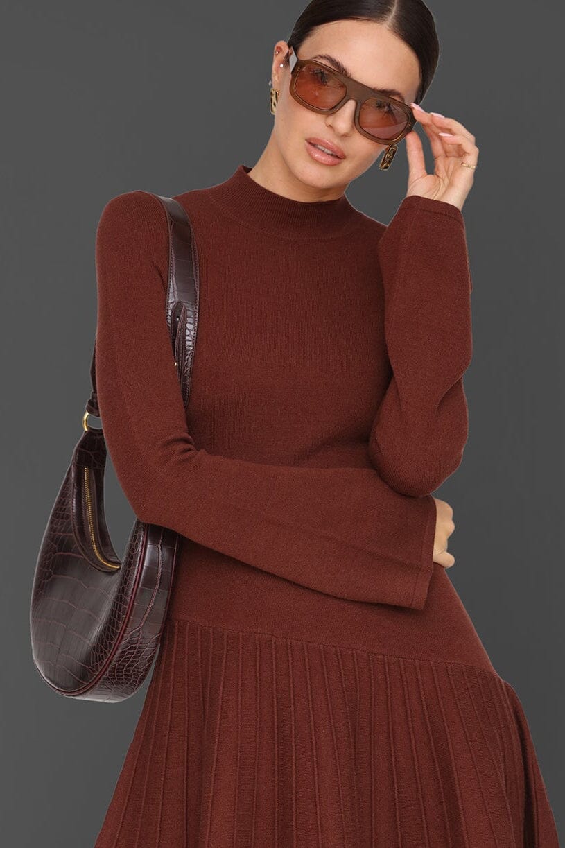 Asymmetric hem rust flared mini sweater dress with mock neckline and long flared sleeves - Cute women's mini dresses by Avec Les Filles