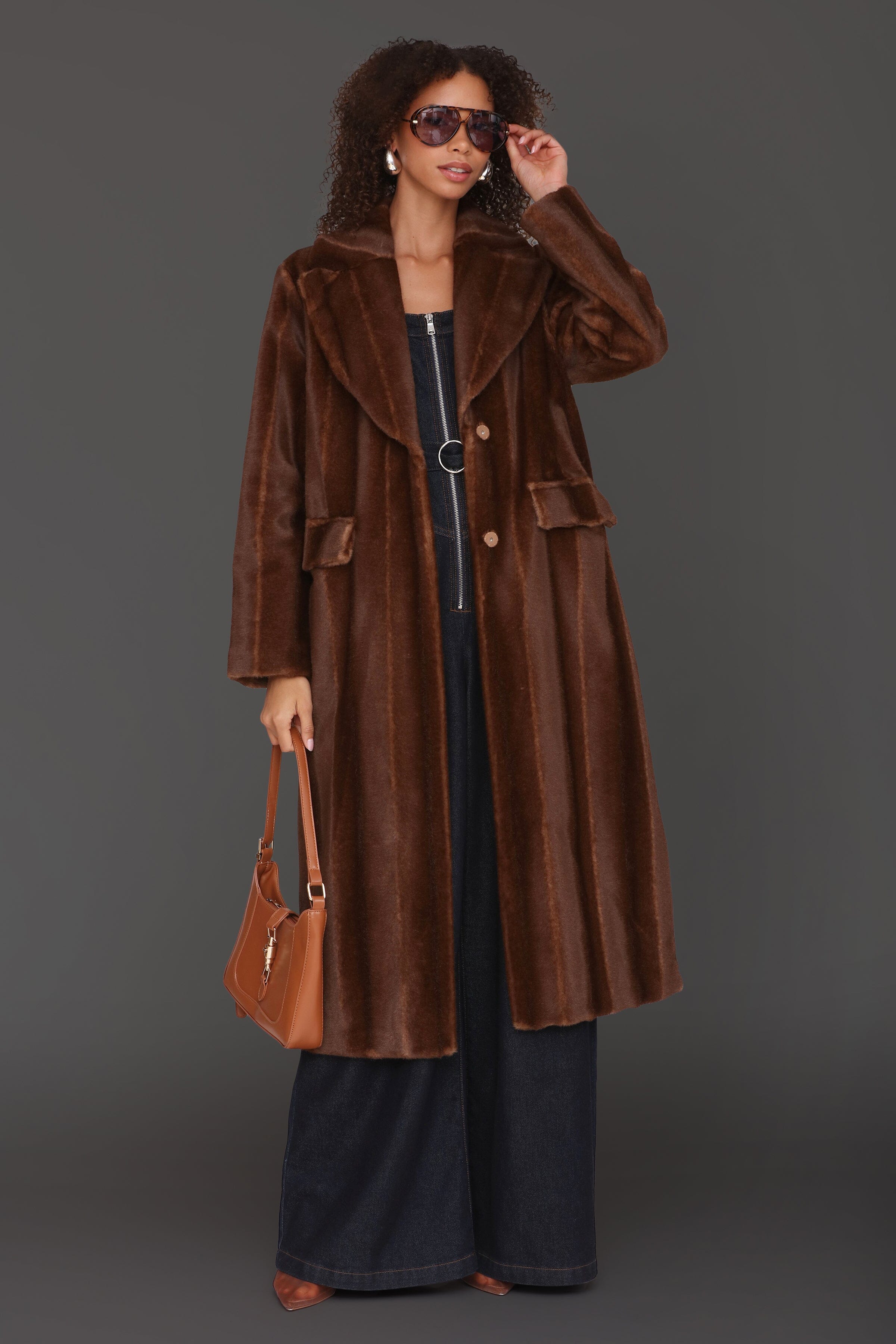 Striped faux mink fur brown button-front long coat with notched lapel collar and side flap pockets - Shop cute women's long coats by Avec Les Filles