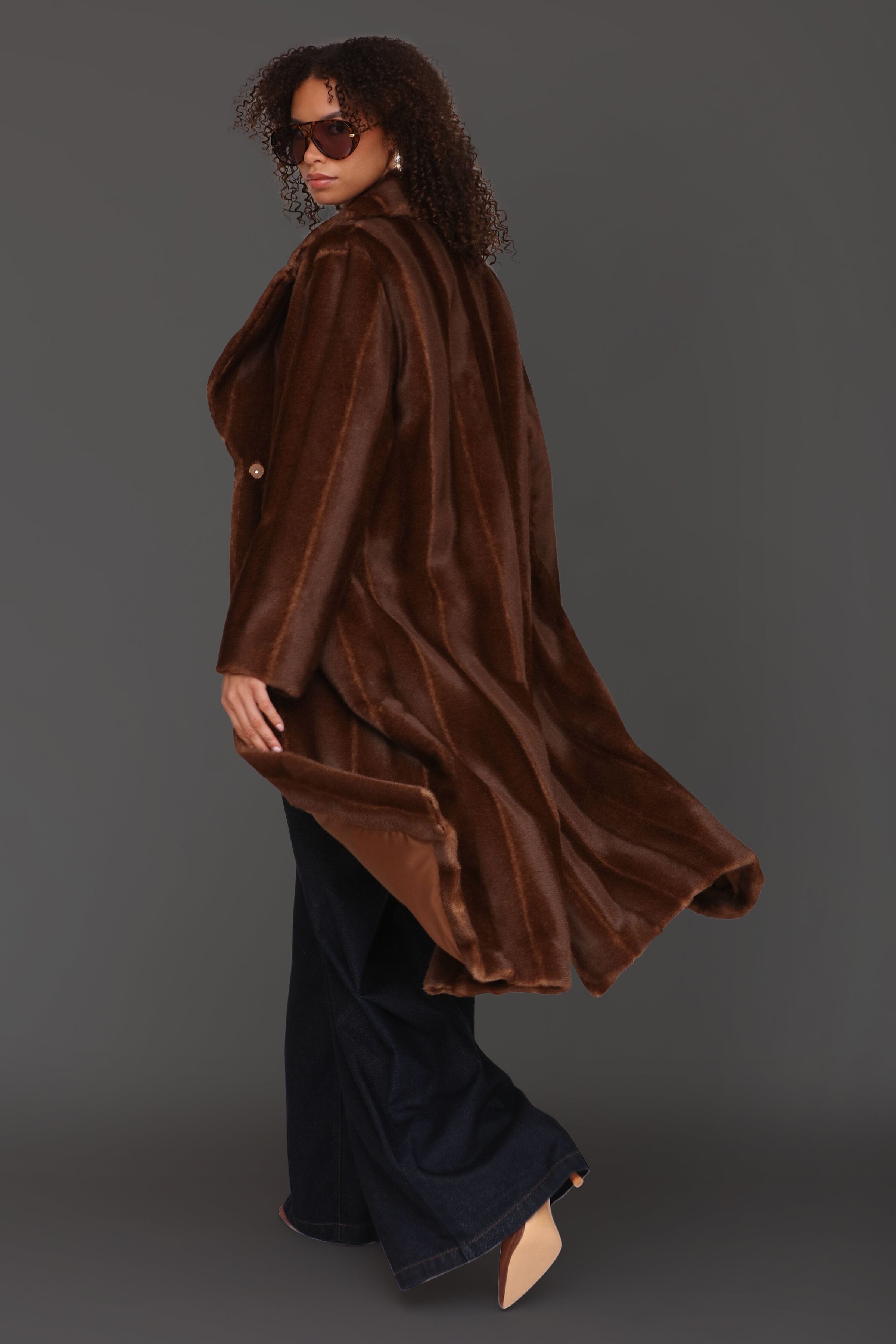 Striped faux mink fur brown button-front long coat with notched lapel collar and side flap pockets - Shop cute women's long coats by Avec Les Filles