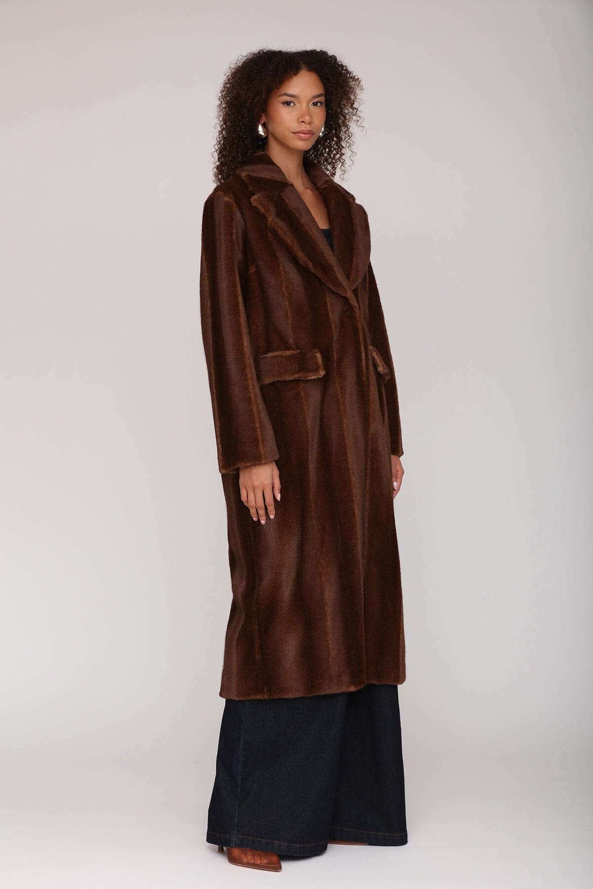 Striped Faux Mink Fur Brown Button-front Coat