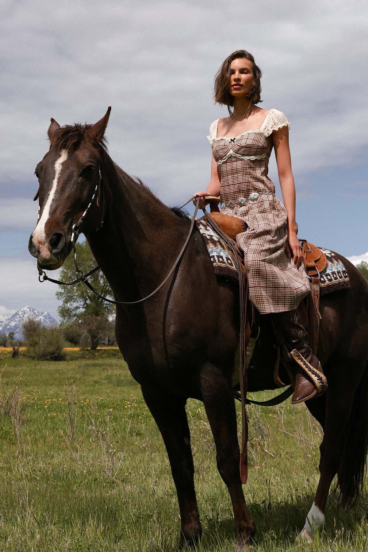 Prairie brown plaid midi dress with sweetheart neckline and chiffon puff sleeves - Cute women's midi dresses by Avec Les Filles