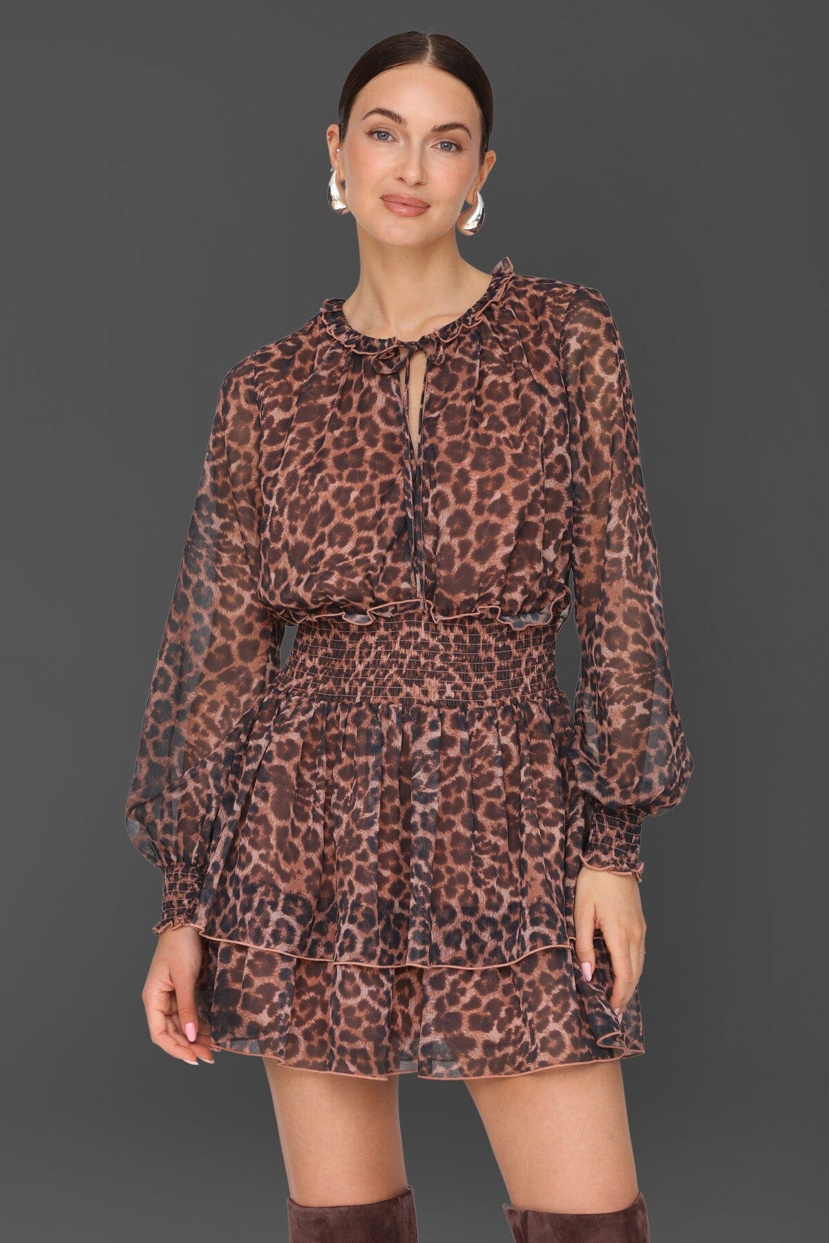 Leopard print smocked brown chiffon tiered ruffle mini dress with sheer long sleeves and keyhole tie neckline - Cute women's mini dresses by Avec Les Filles