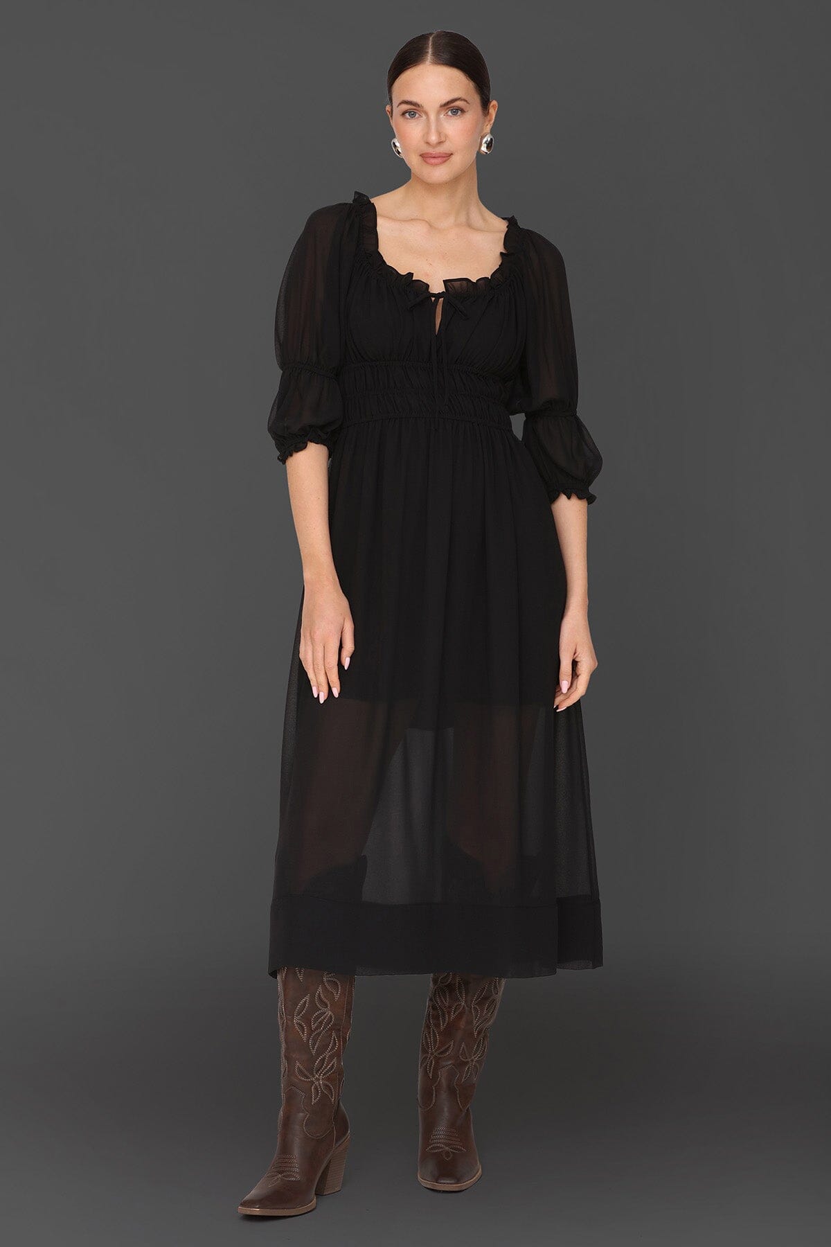 Sheer chiffon prairie black midi dress with ruffle-trim neckline, smocked waistband, puff sleeves and front tie - Cute women's midi dresses by Avec Les Filles