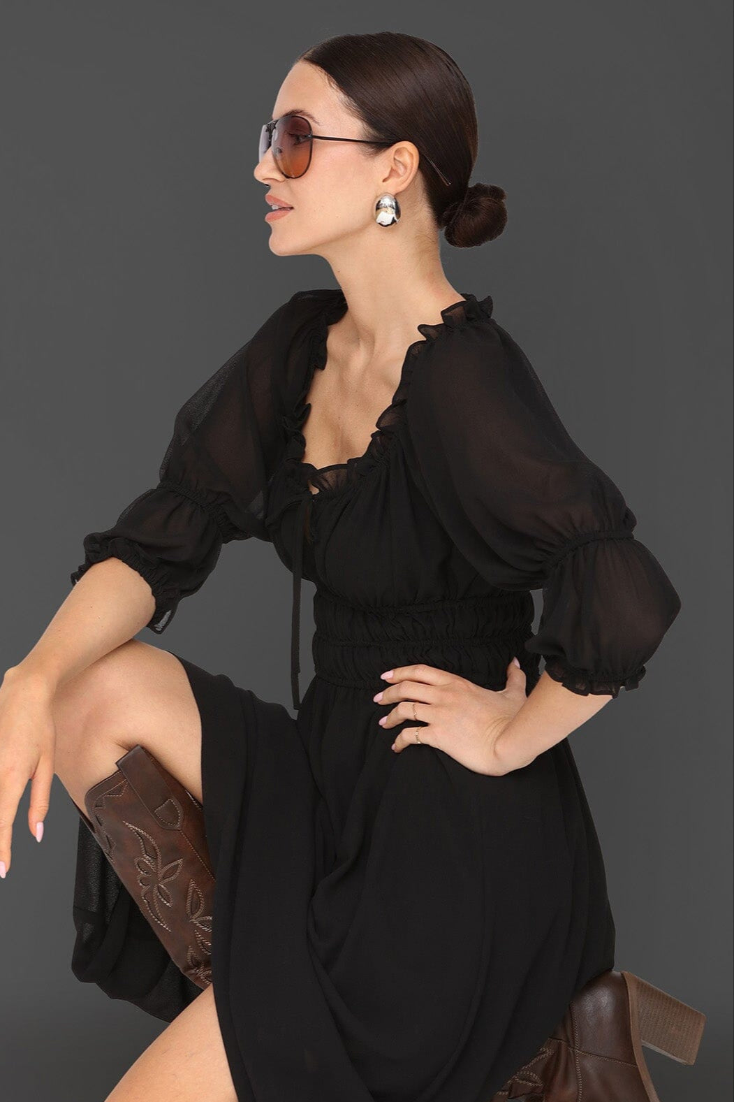 Sheer chiffon prairie black midi dress with ruffle-trim neckline, smocked waistband, puff sleeves and front tie - Cute women's midi dresses by Avec Les Filles