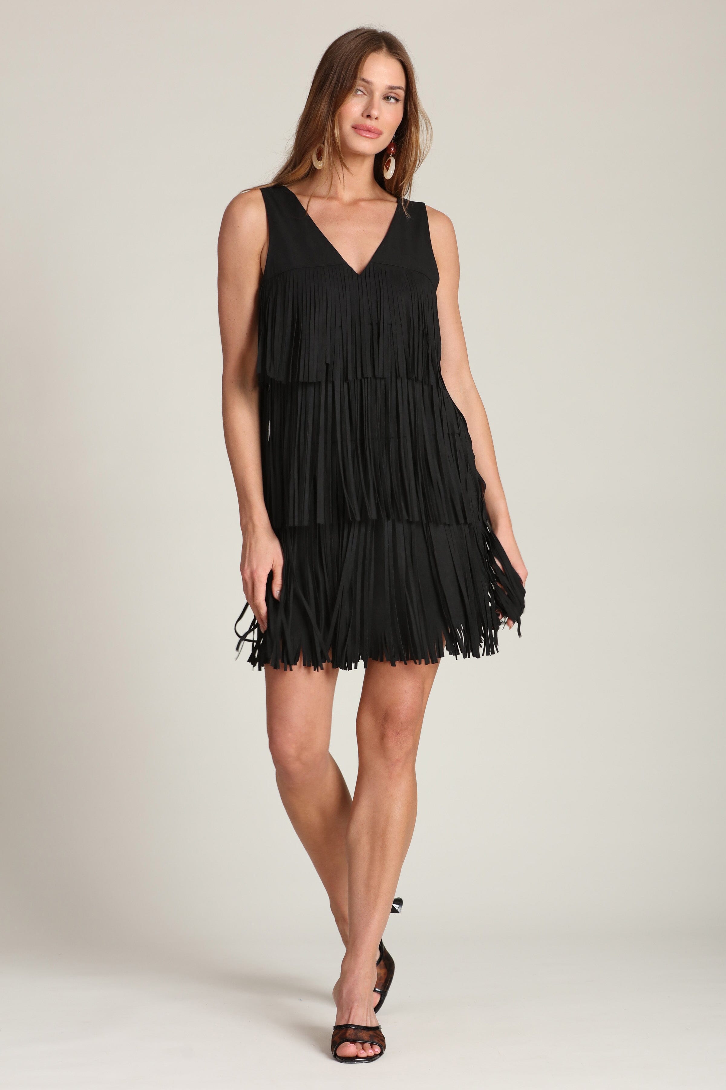 Faux suede tiered fringe black shift mini dress with a V-neck - Shop cute designer women’s mini dresses by Avec Les Filles. Perfect for any day-to-night party