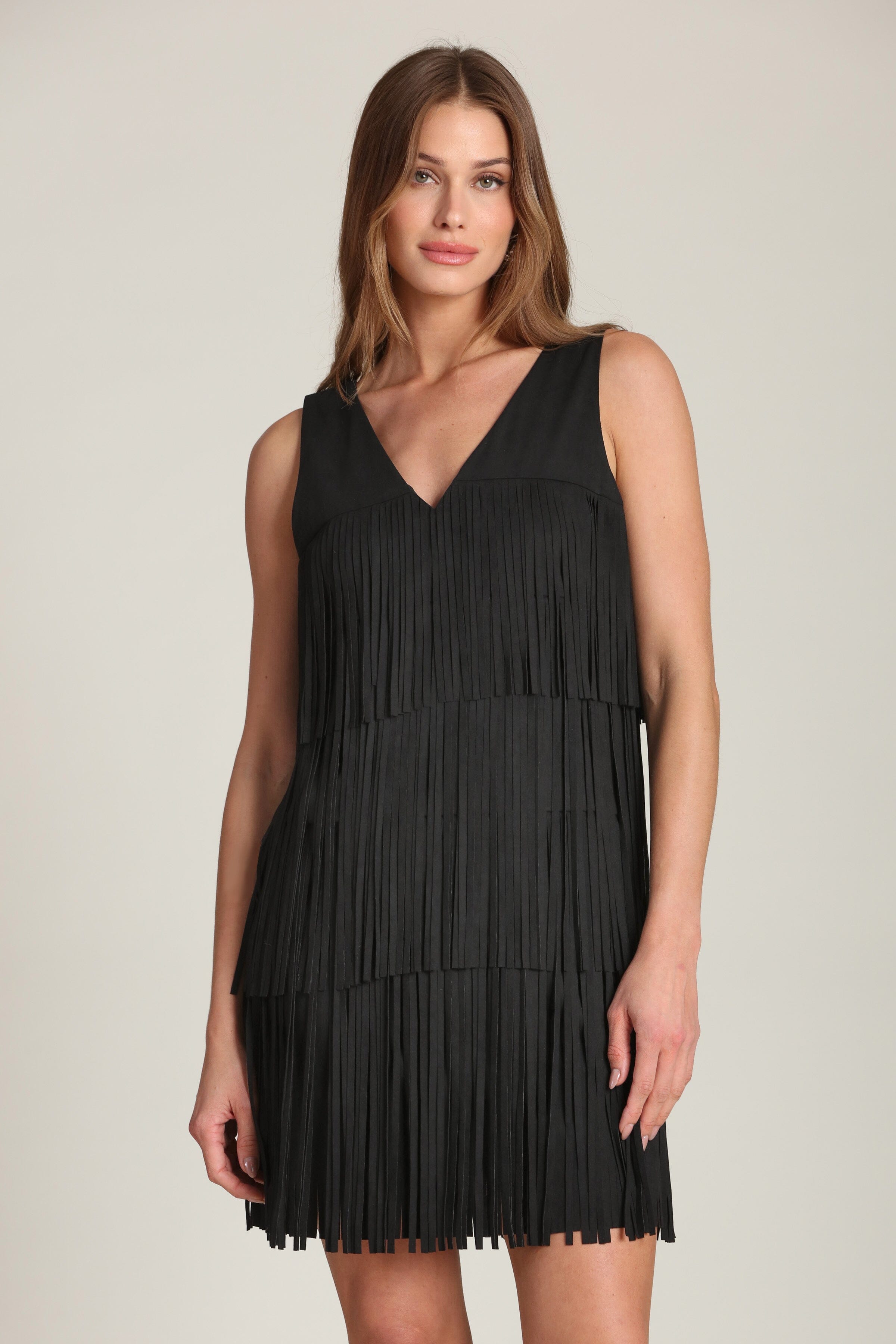 Faux suede tiered fringe black shift mini dress with a V-neck - Shop cute designer women’s mini dresses by Avec Les Filles. Perfect for any day-to-night party