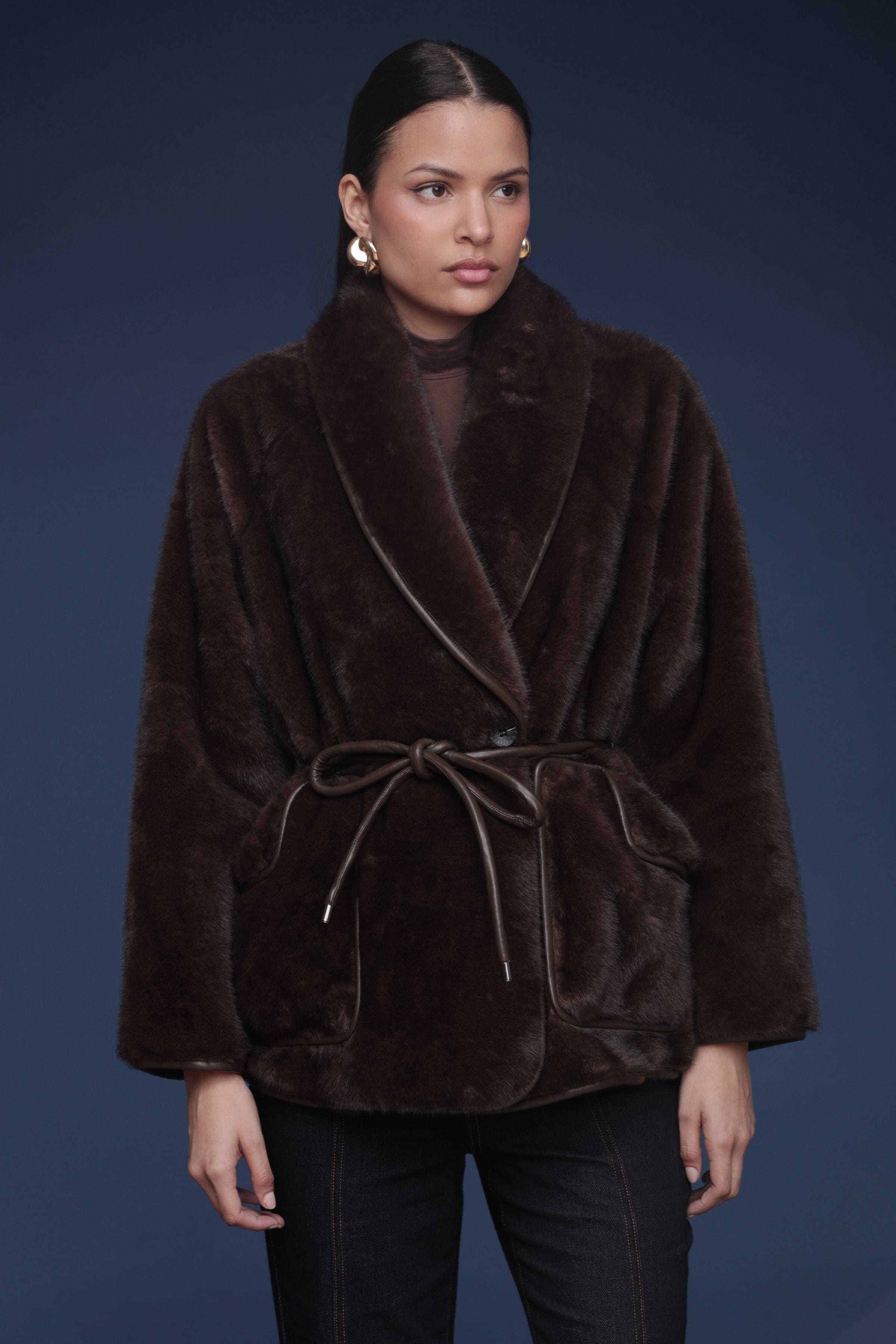 Brown faux fur button-front coat with a shawl collar, detachable belt, and side patch pockets - Shop cute women’s coats by Avec Les Filles