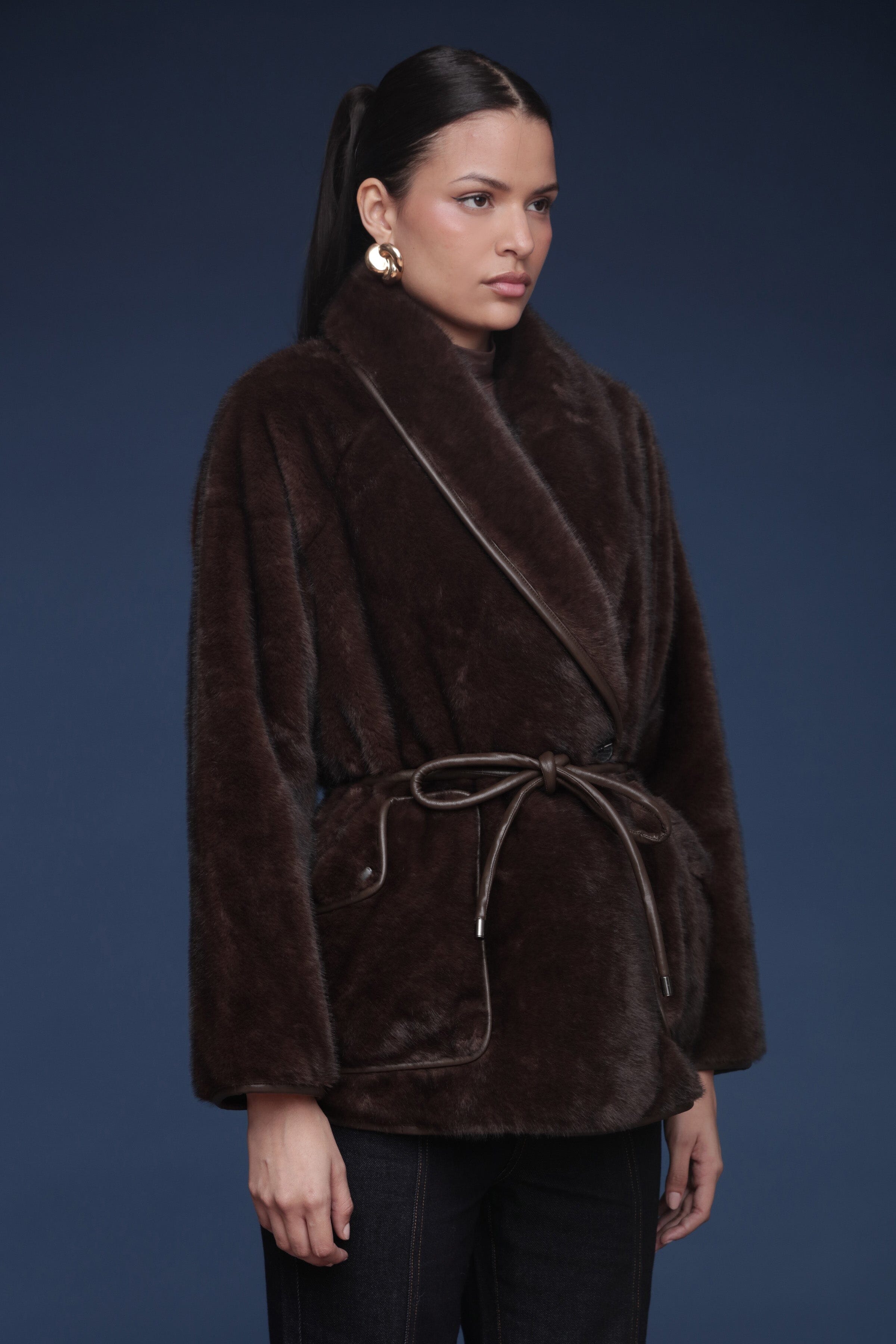 Brown faux fur button-front coat with a shawl collar, detachable belt, and side patch pockets - Shop cute women’s coats by Avec Les Filles