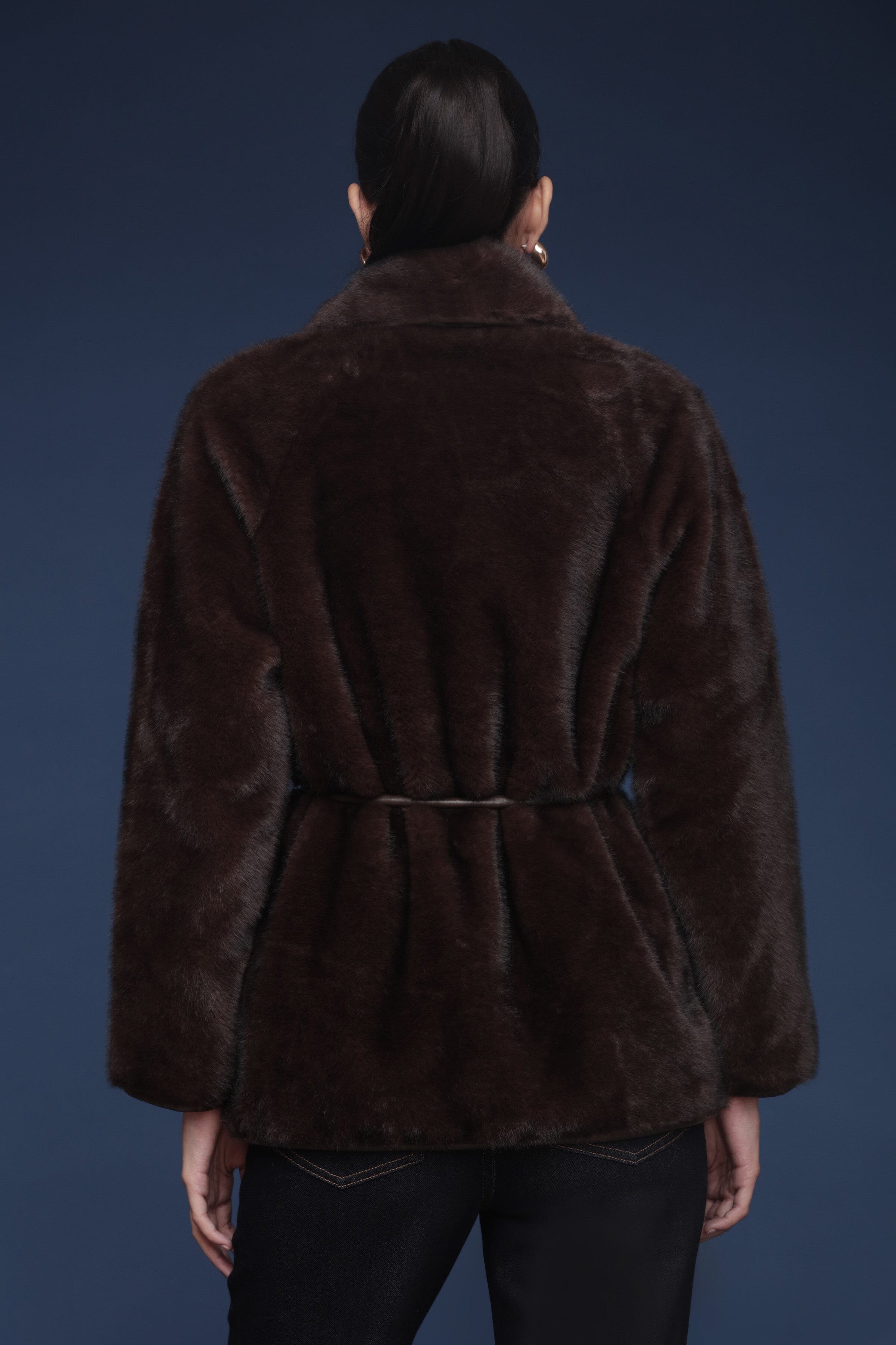 Brown faux fur button-front coat with a shawl collar, detachable belt, and side patch pockets - Shop cute women’s coats by Avec Les Filles