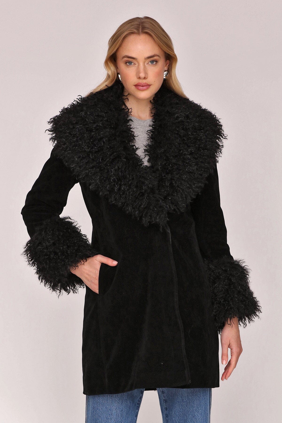Black faux suede double-breasted button-front coat with Mongolian faux fur trim, plush faux fur collar and side pockets - Shop women’s coats by Avec Les Filles
