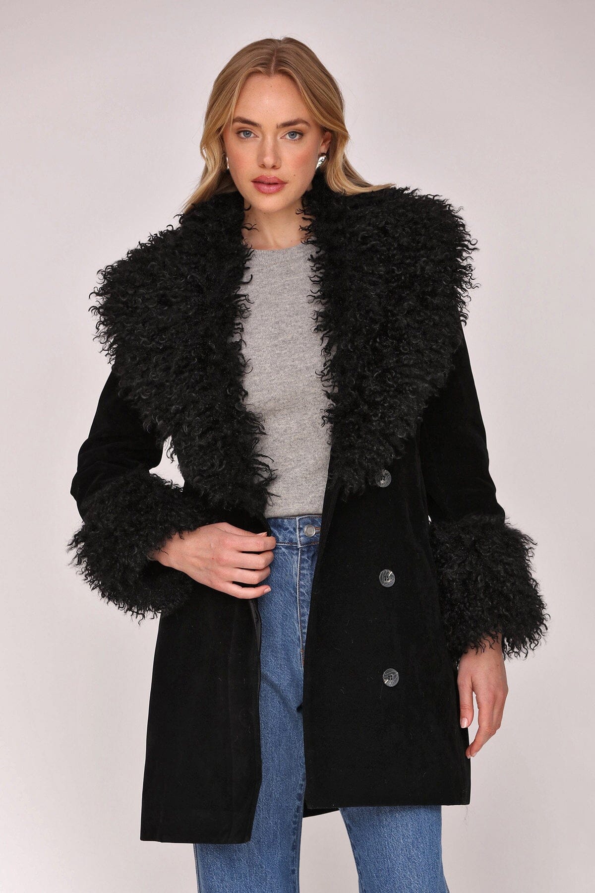 Black faux suede double-breasted button-front coat with Mongolian faux fur trim, plush faux fur collar and side pockets - Shop women’s coats by Avec Les Filles