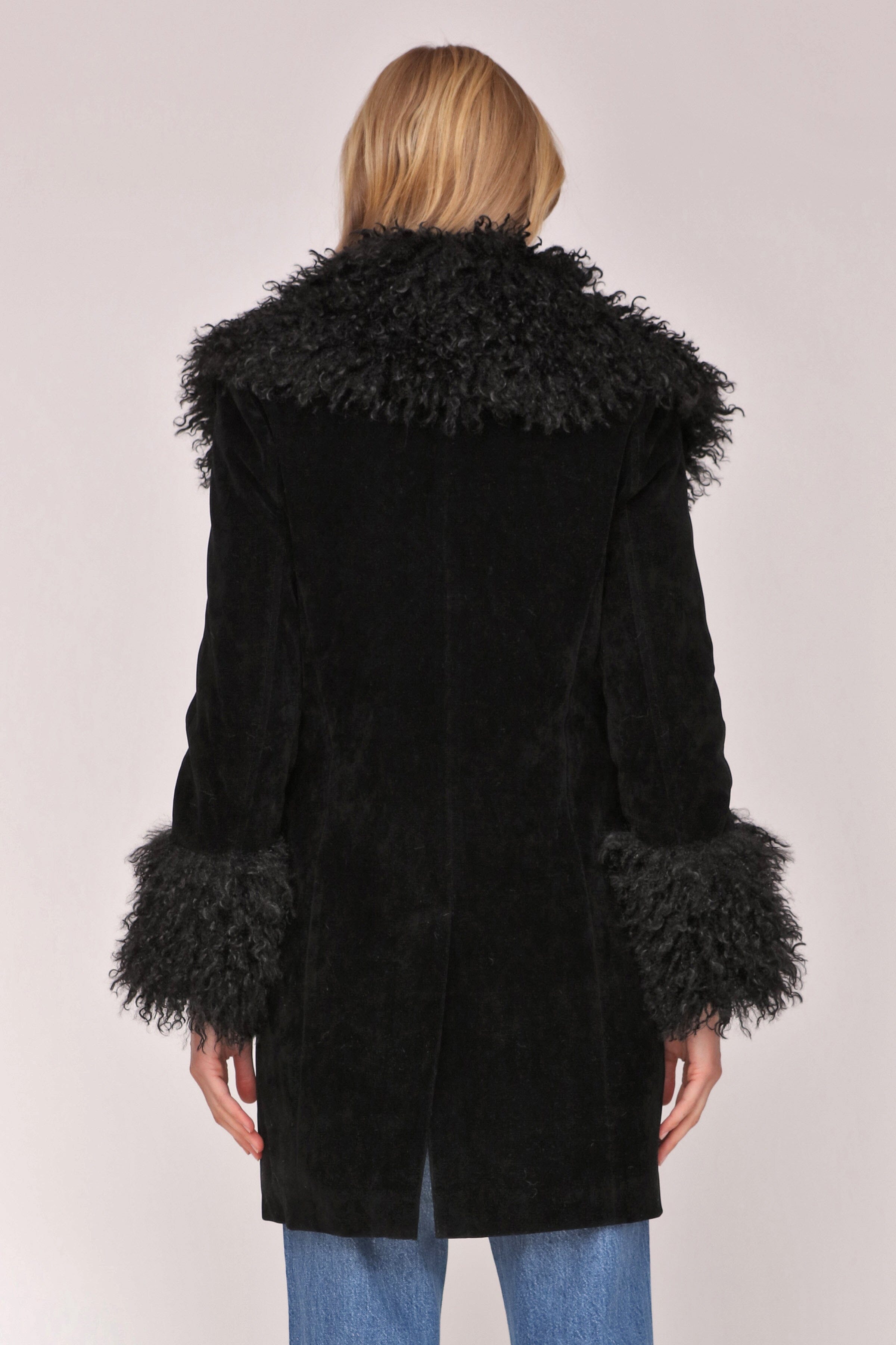 Black faux suede double-breasted button-front coat with Mongolian faux fur trim, plush faux fur collar and side pockets - Shop women’s coats by Avec Les Filles