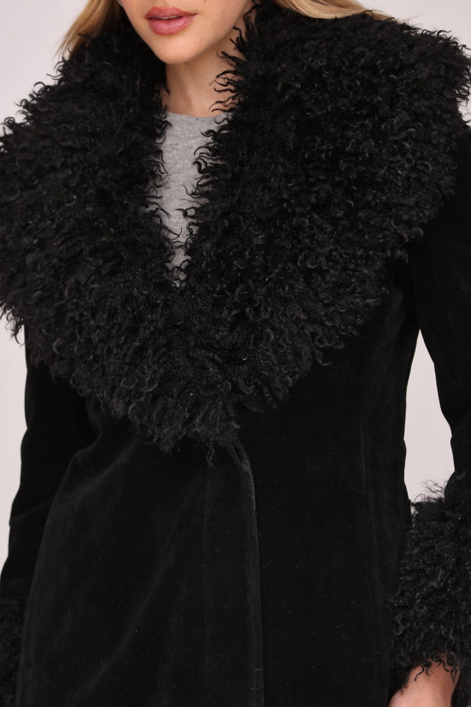Black faux suede double-breasted button-front coat with Mongolian faux fur trim, plush faux fur collar and side pockets - Shop women’s coats by Avec Les Filles