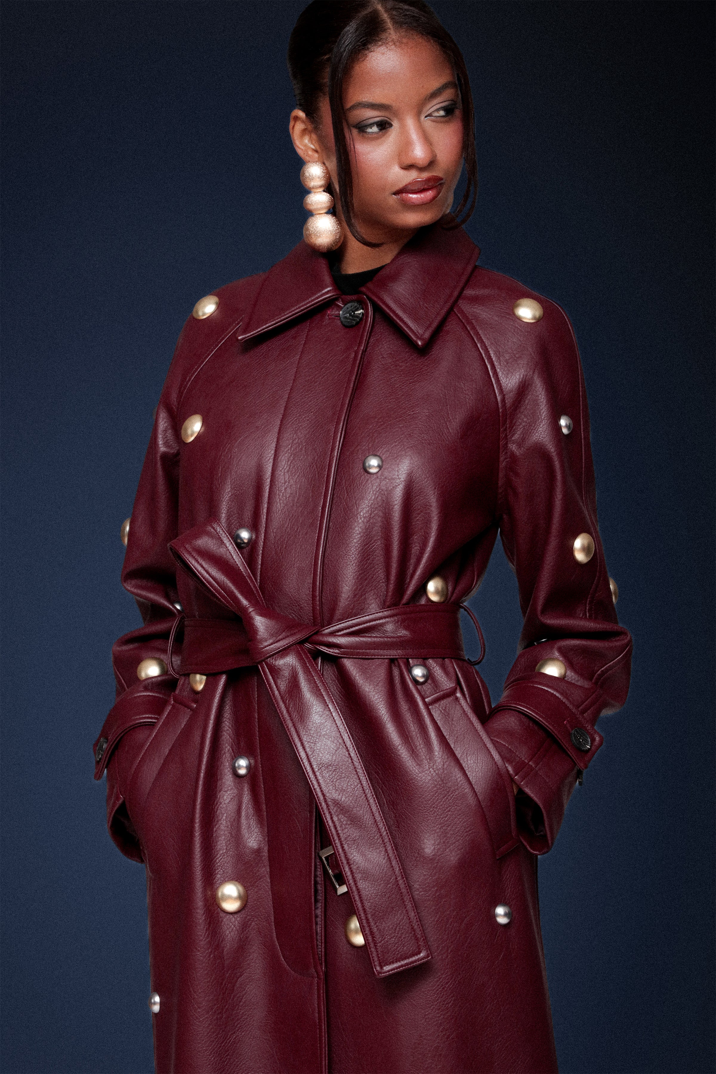 Studded faux leather burgundy button-front trench coat with adjustable waist tie and notched collar - Shop women's long trench coats by Avec Les Filles