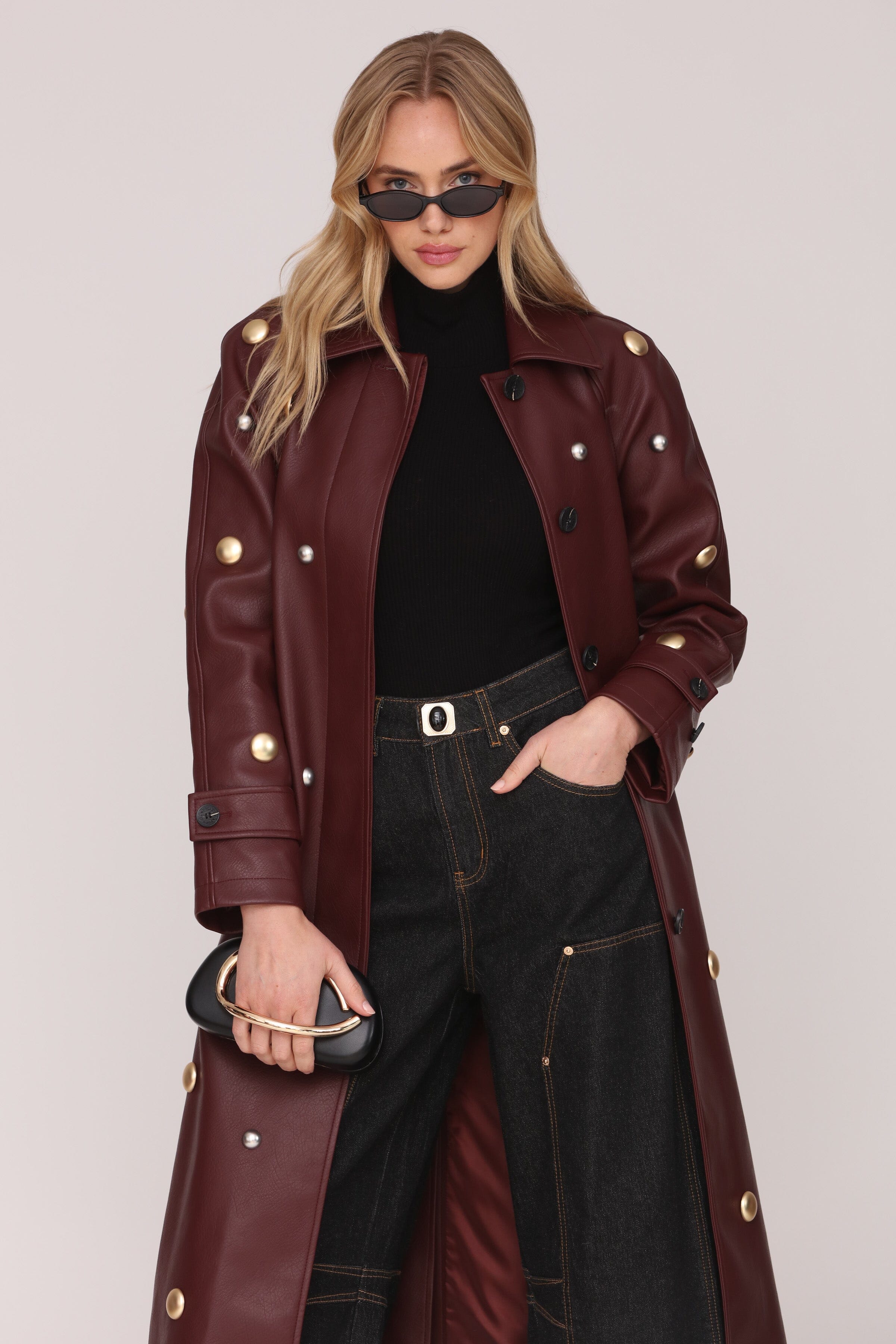 Studded faux leather burgundy button-front trench coat with adjustable waist tie and notched collar - Shop women's long maxi trench coats by Avec Les Filles