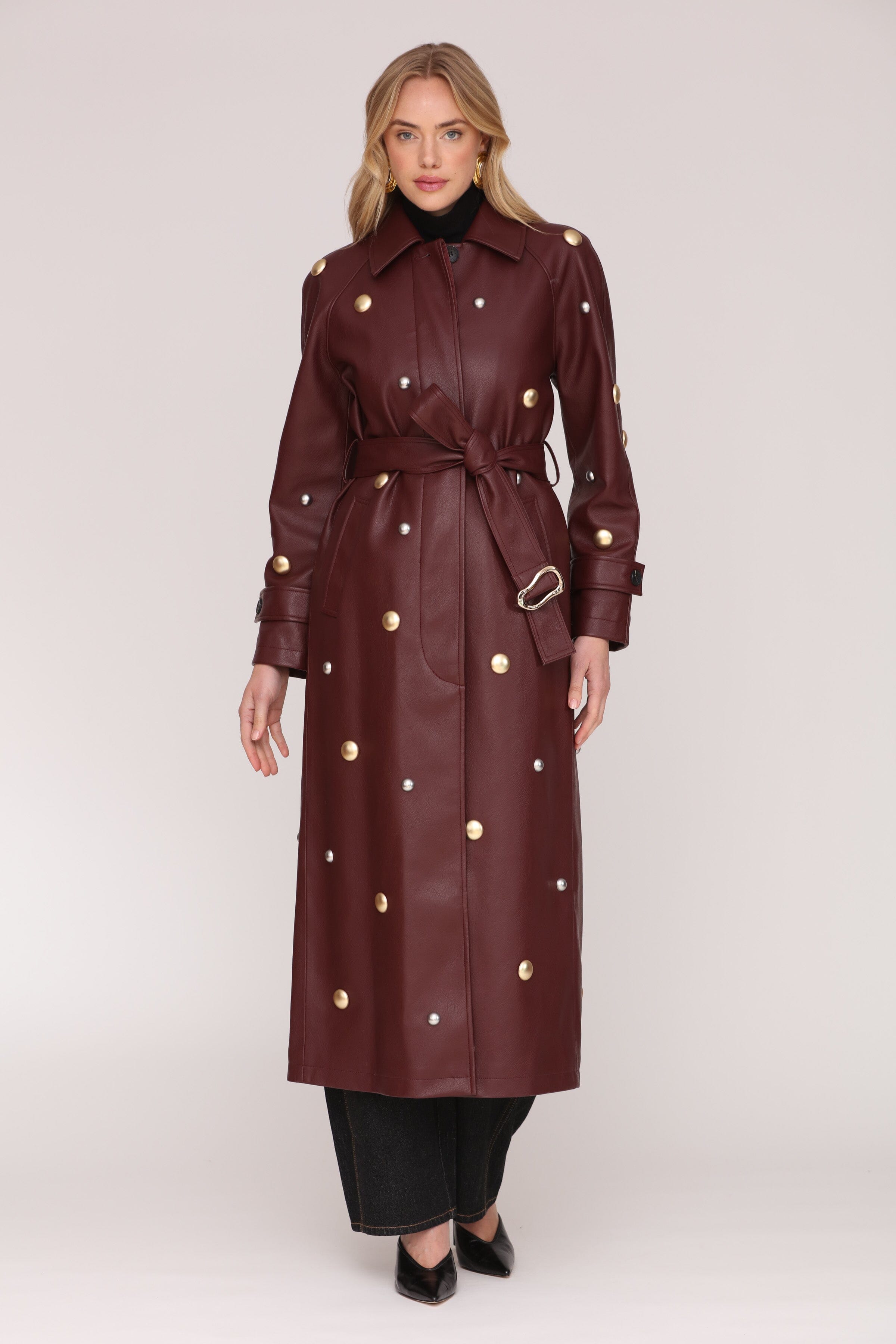 Studded faux leather burgundy button-front trench coat with adjustable waist tie and notched collar - Shop women's long trench coats by Avec Les Filles