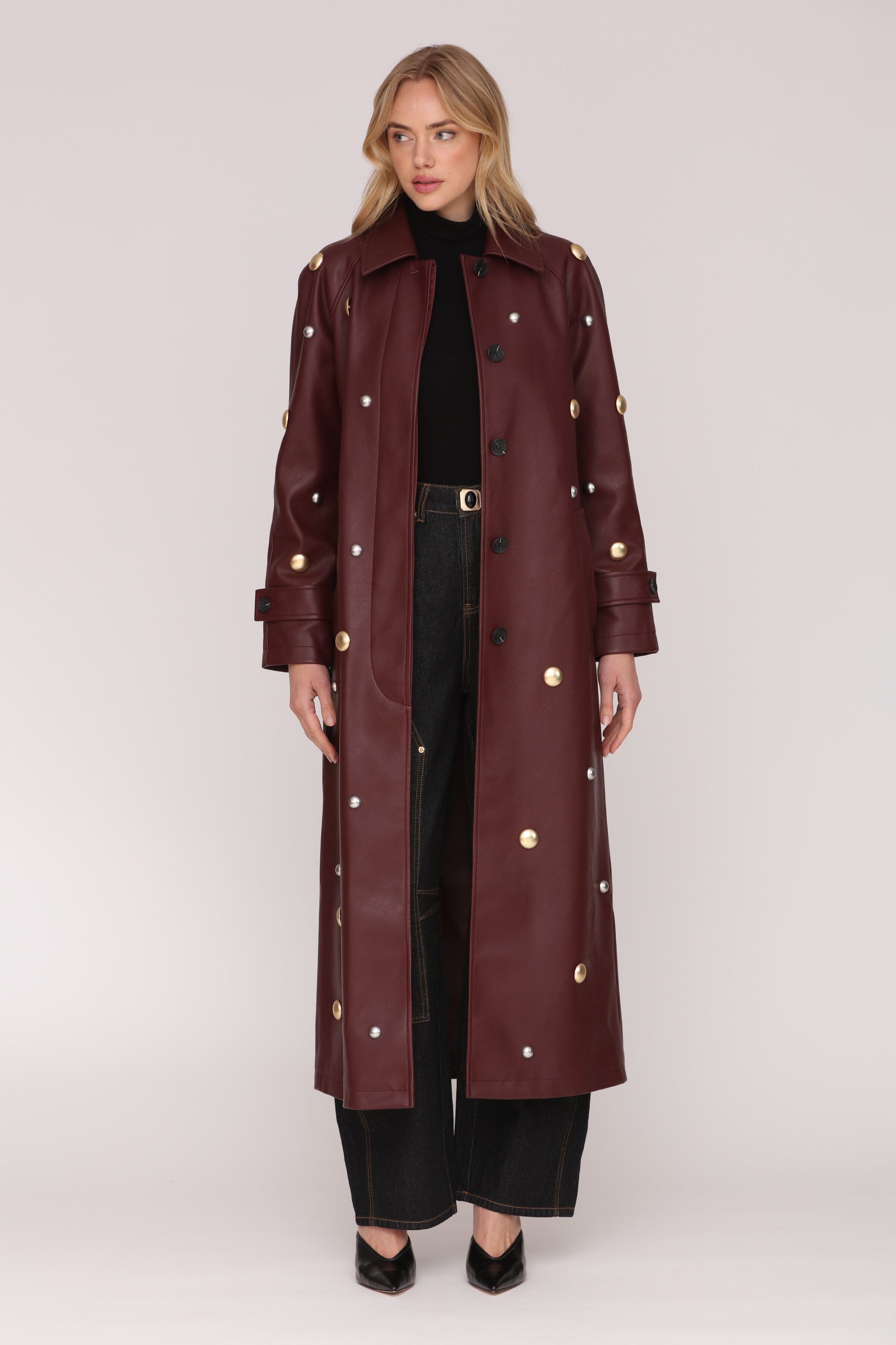 Studded faux leather burgundy button-front trench coat with adjustable waist tie and notched collar - Shop women's long trench coats by Avec Les Filles