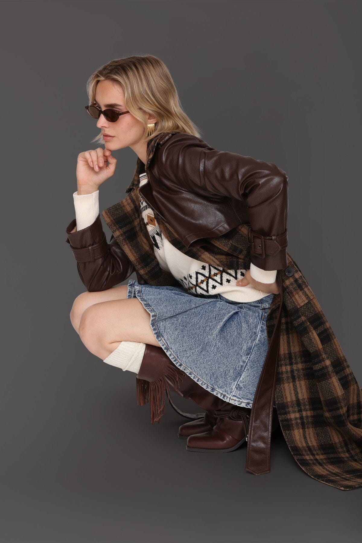 Multi brown plaid wool-blend faux leather double-breasted button front trench coat - Cute women's long trench coats by Avec Les Filles